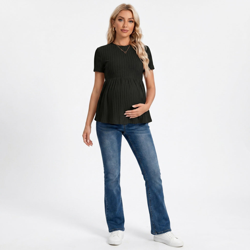 Anna-Kaci Women's Short Sleeve Rib Knit Peplum Maternity Top with Round Neck