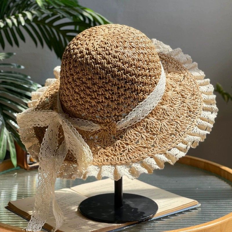Anna-Kaci Womens Wide Brim Straw Sun Hat Lace Trim Breathable Floppy Beach Vacation Hat