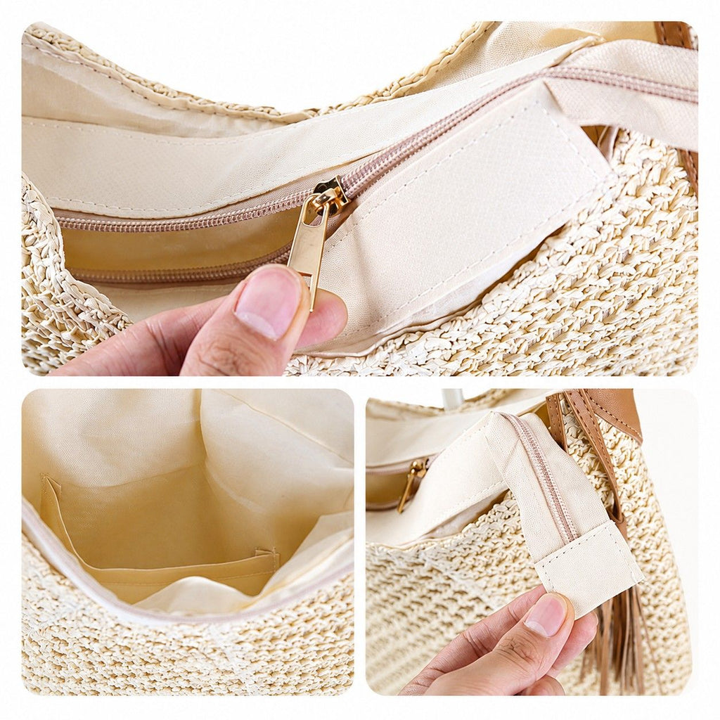 Woven Paper Fiber Shoulder Tote Bag Large Capacity Crochet Handbag with Tassel Accent
