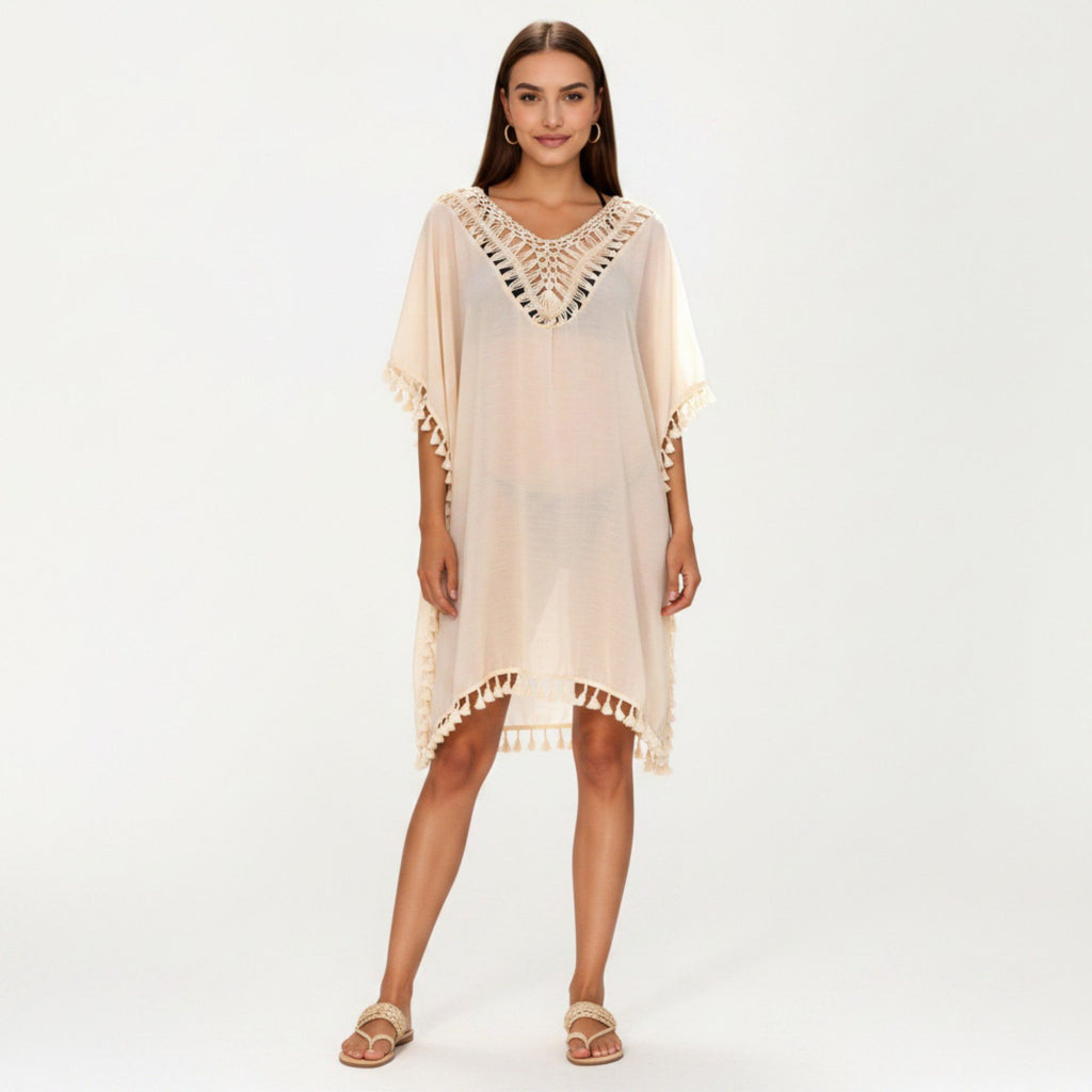 Anna-Kaci Women's Sheer Crochet V Neck Swim Cover Up Poncho with Tassel Trim and Flowy Silhouette