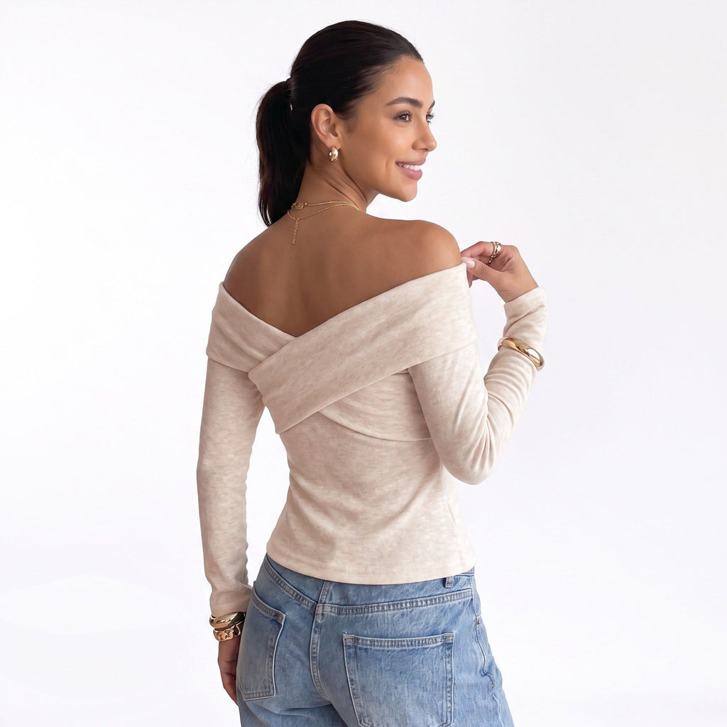 Off Shoulder Criss Cross Long Sleeve Knit Top