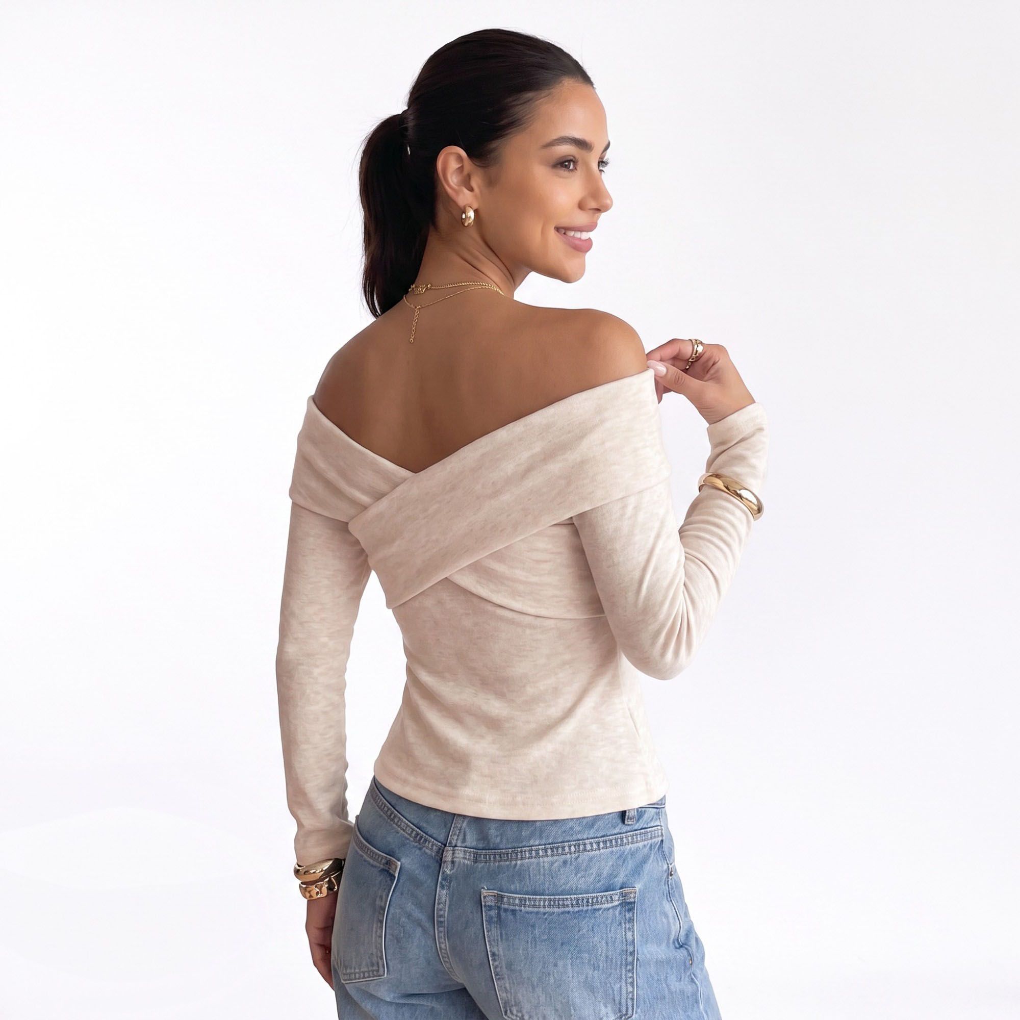 Off Shoulder Criss Cross Long Sleeve Knit Top