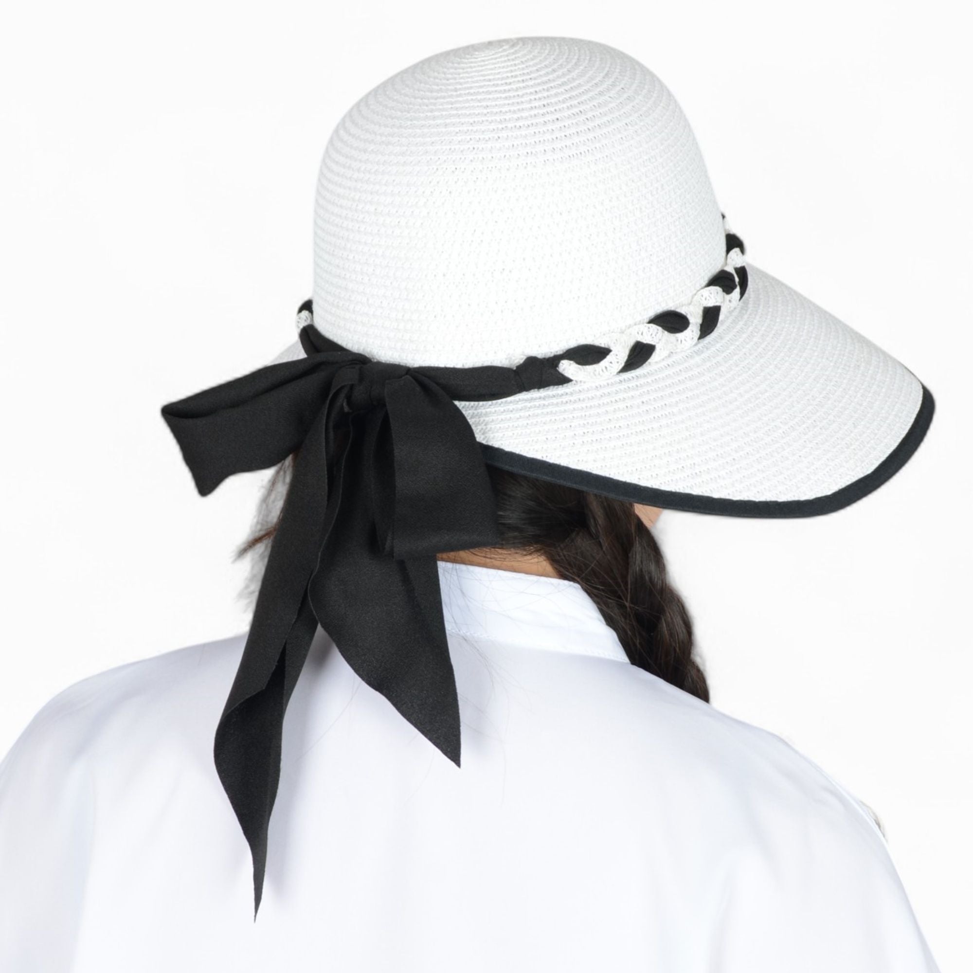 Anna-Kaci Women's Wide Brim Straw Hat with Braided Band and Contrast Bow Detail