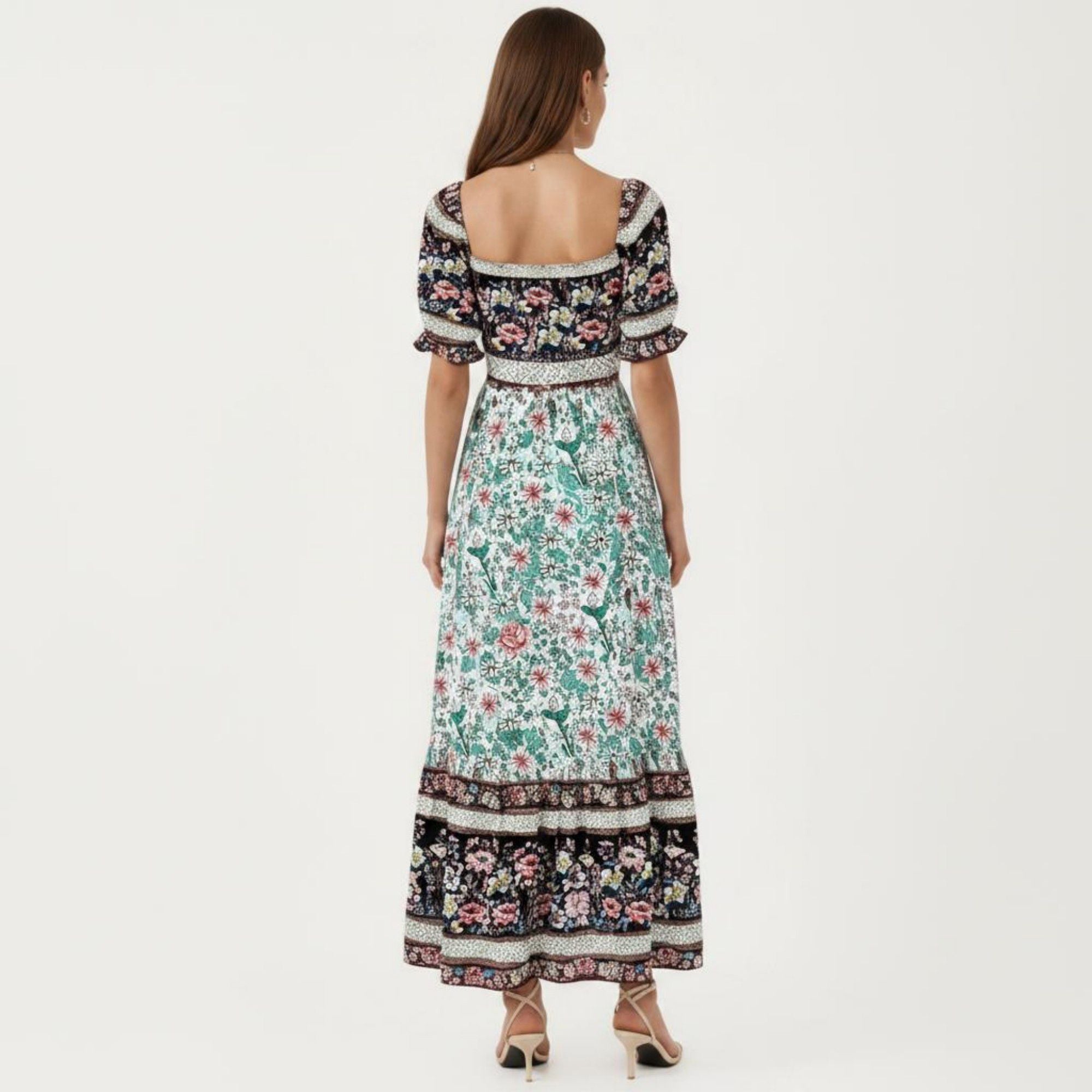 Anna-Kaci Women's Puff Sleeve Maxi Dress with Mixed Floral Print and Border Hem