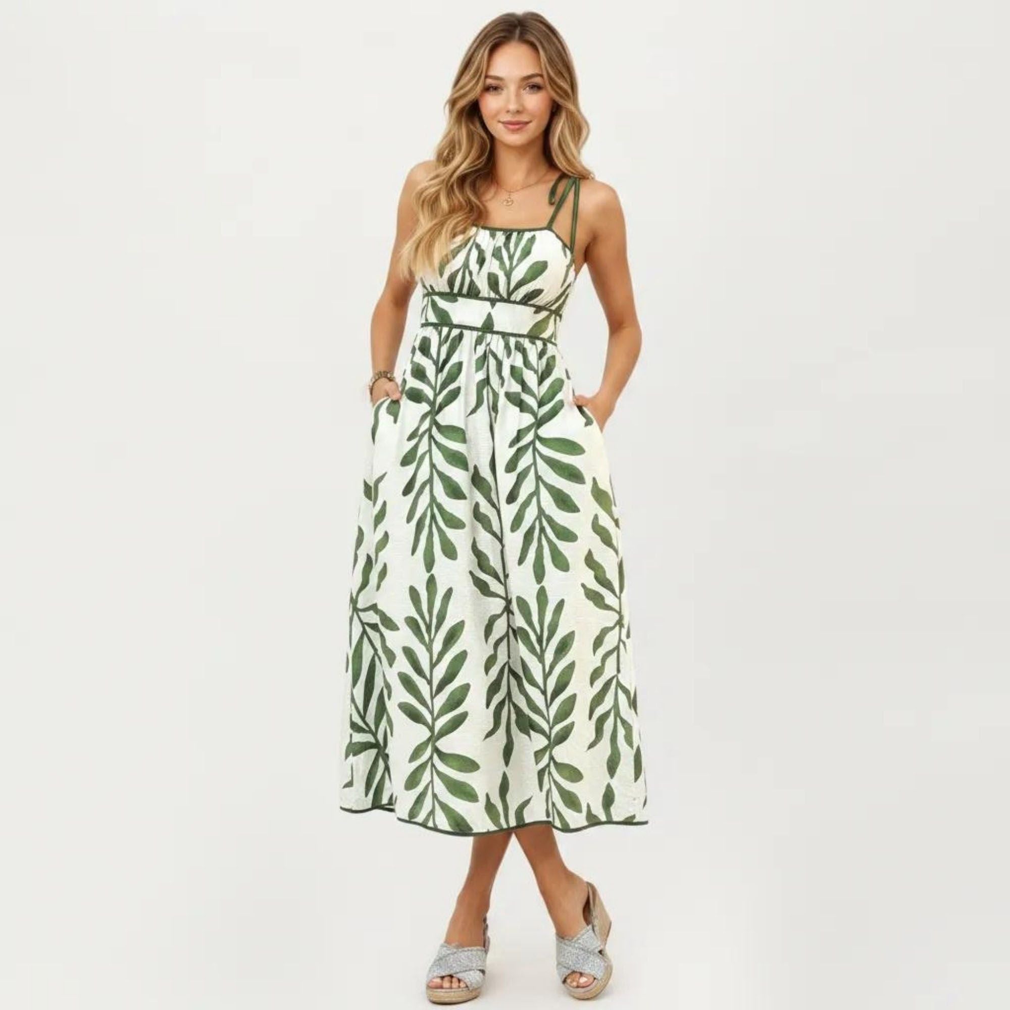 Anna-Kaci Women's Sleeveless Midi Dress with Leaf Print Tie Shoulder Straps Smocked Back Flowy A-Line Silhouette