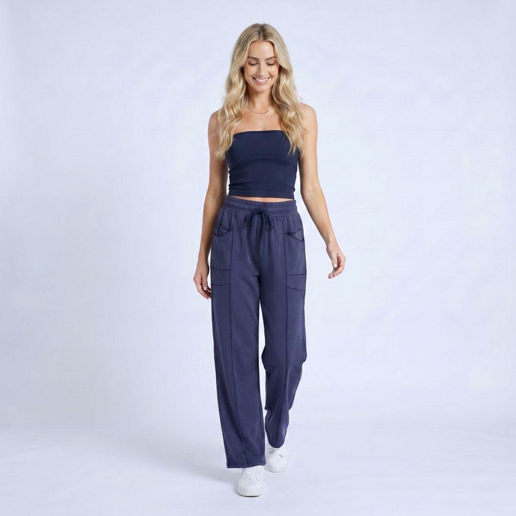 Anna-Kaci Women's High Rise Drawstring Wide Leg Utility Pants with Patch Pockets