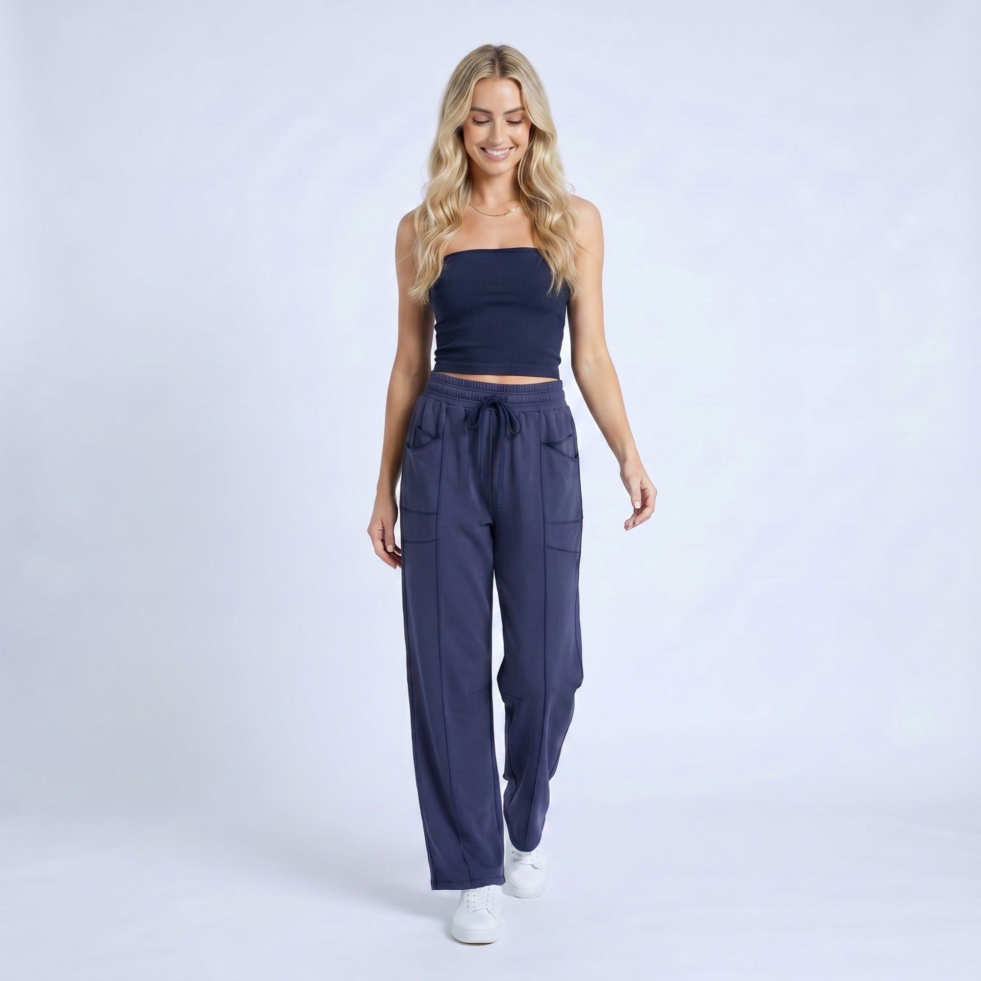 Anna-Kaci Women's High Rise Drawstring Wide Leg Utility Pants with Patch Pockets