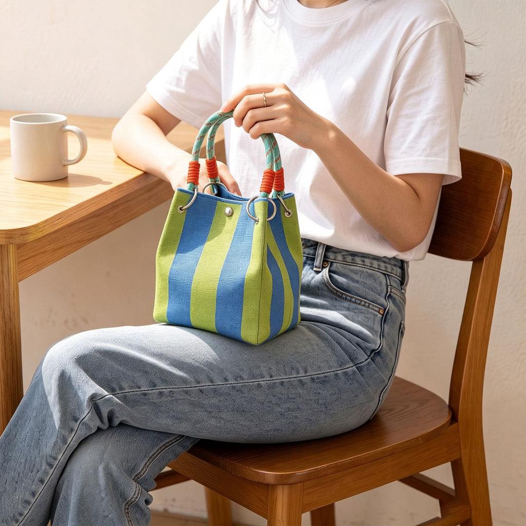 Small Striped Knit Bucket Bag with Rope Handles and Snap Closure