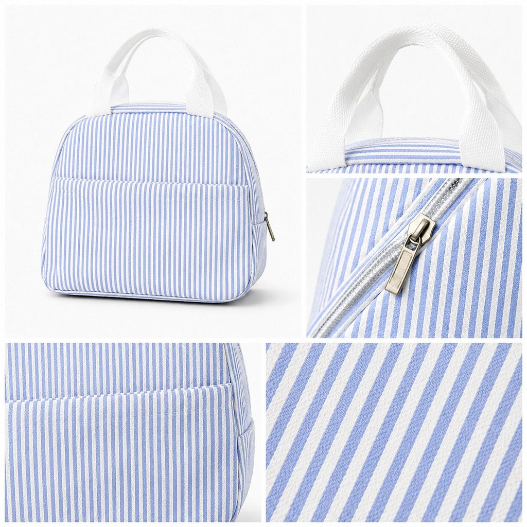 Striped Insulated Lunch Tote Bag with Front Pocket and Zip Closure