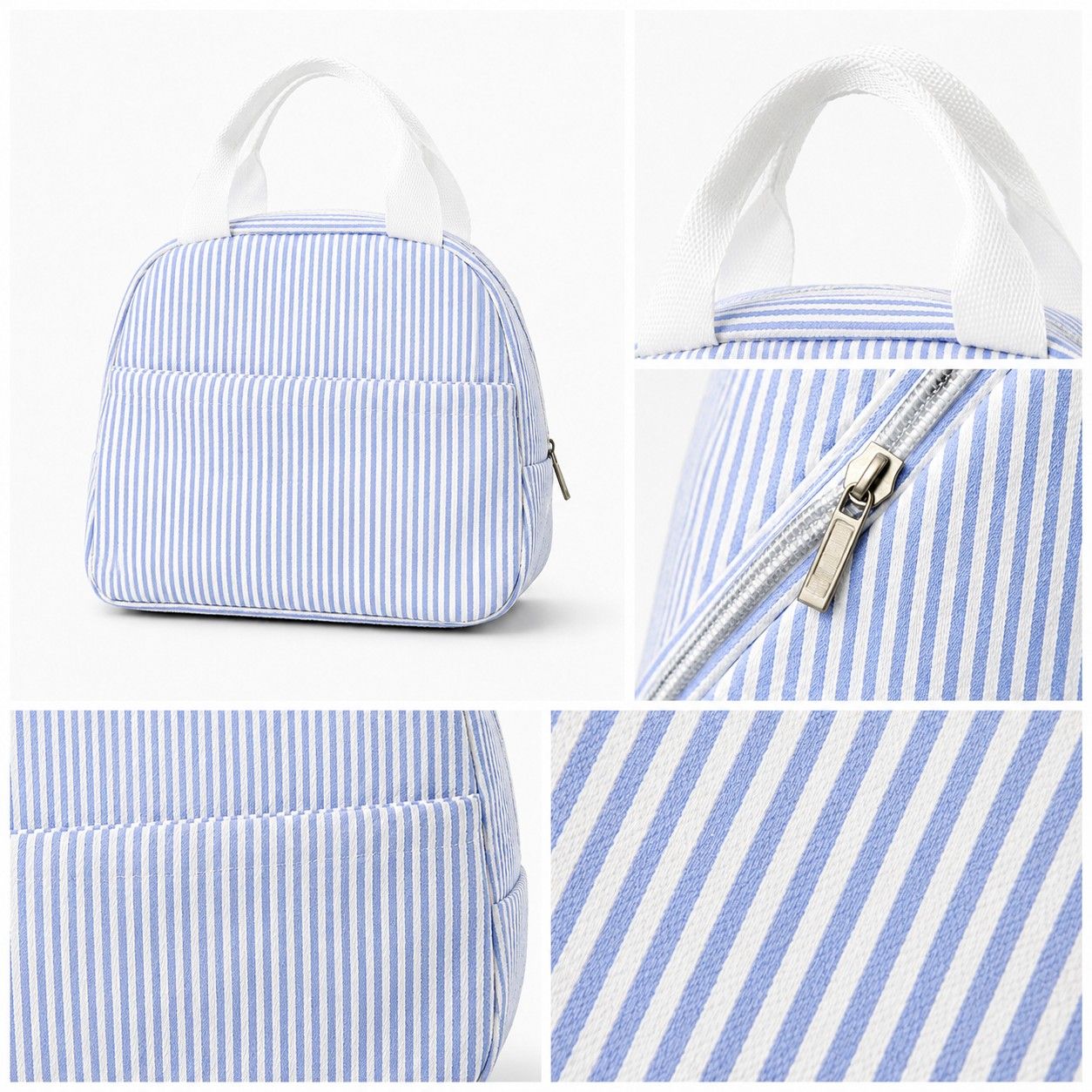 Striped Insulated Lunch Tote Bag with Front Pocket and Zip Closure