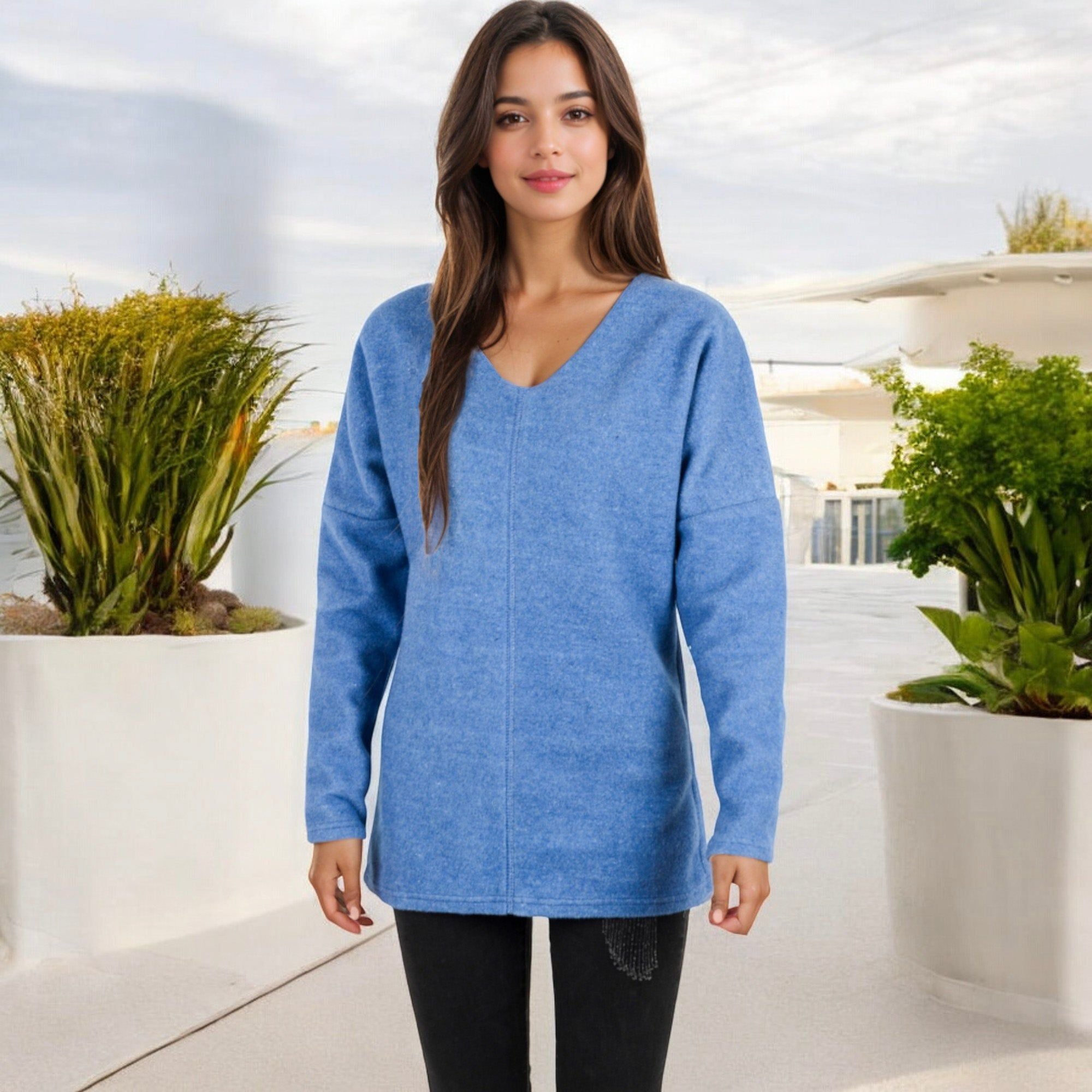 Anna-Kaci Women's Long Sleeve V-Neck Tunic Sweater with Seam Detail