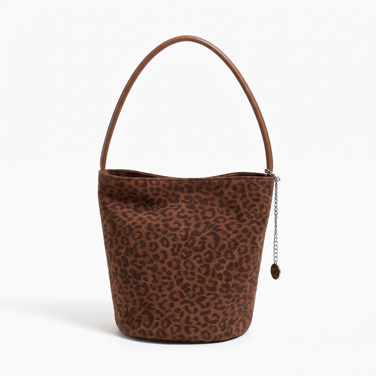 Leopard Print Bucket Shoulder Bag with Chain Charm