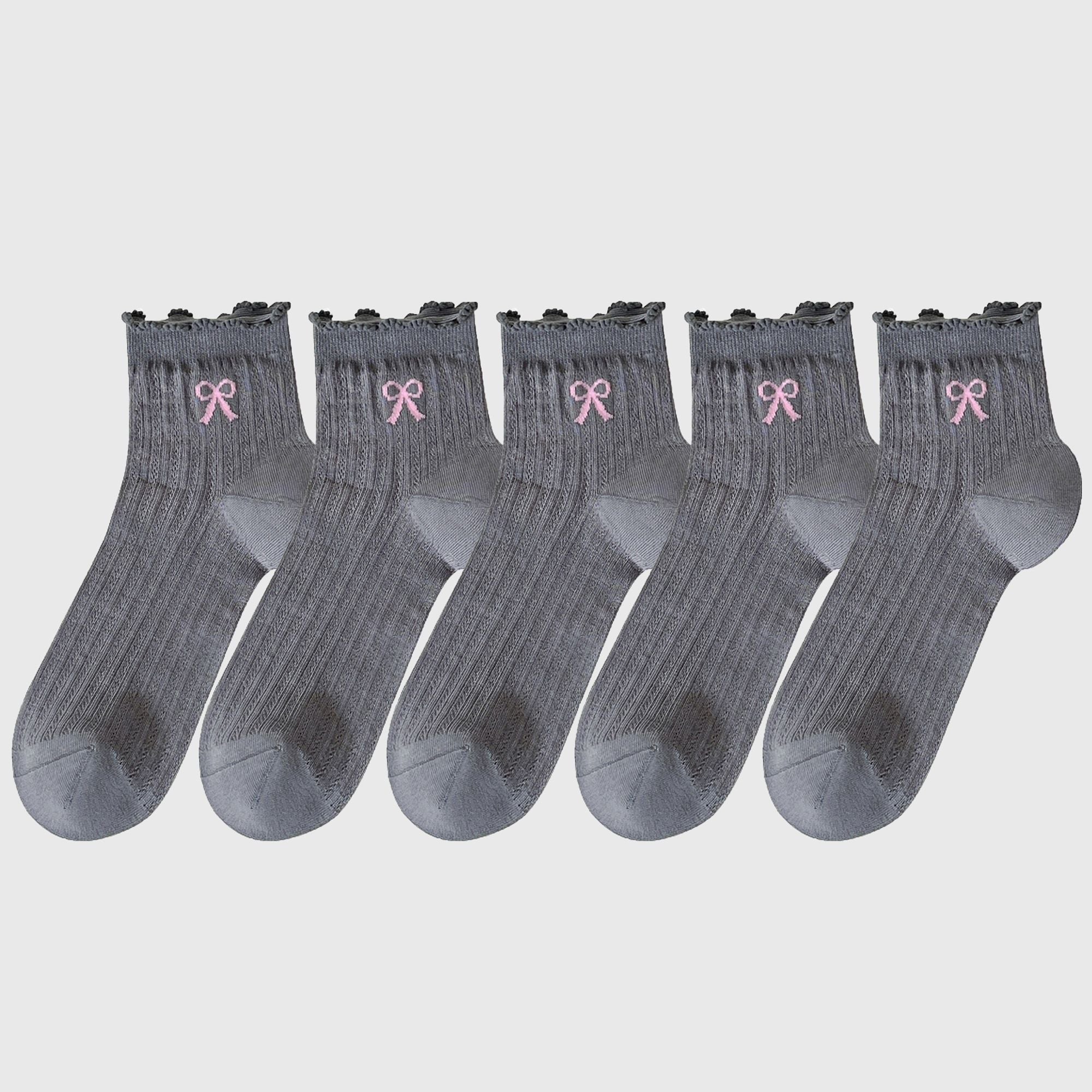 Anna-Kaci Women's Summer Ribbed Ankle Socks with Bow Embroidery 5Pk