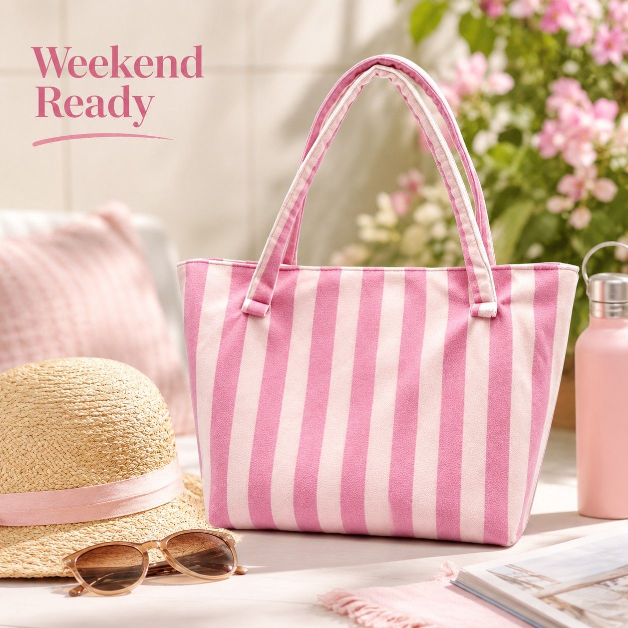 Striped Terry Cloth Tote Bag Roomy Beach and Travel Shoulder Carryall