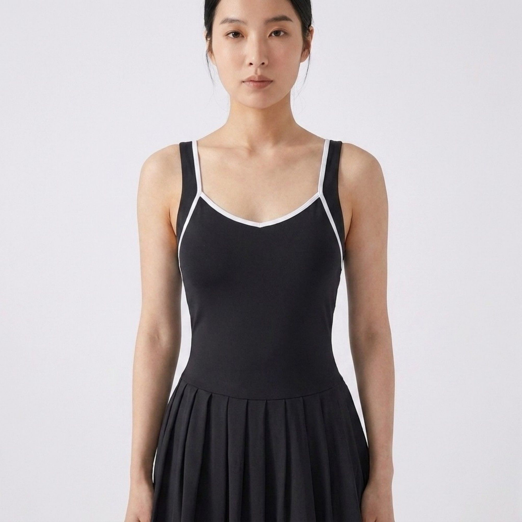 Anna-Kaci Active Womens Contrast Trim Athletic Dress with Crisscross Back Straps Pleated Skirt and Smooth Stretch Knit