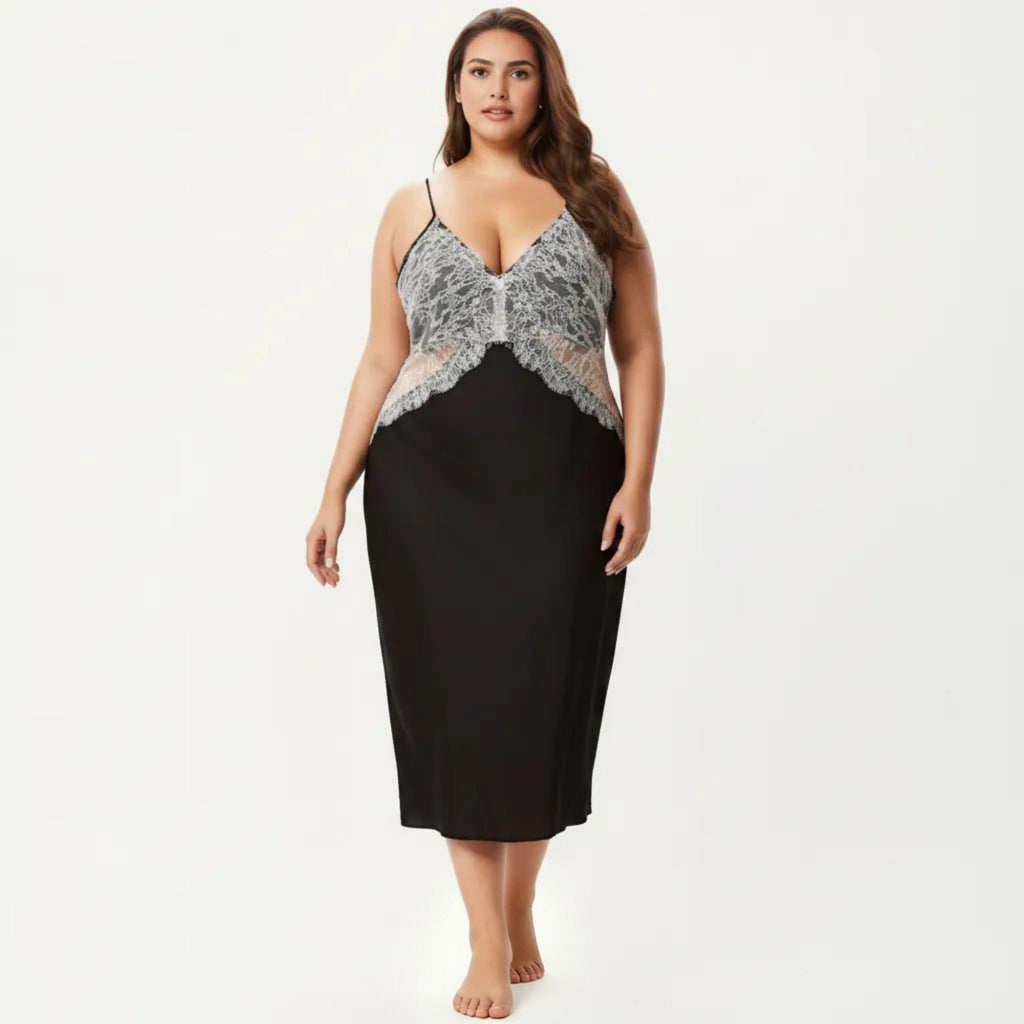 Anna-Kaci Lounge Women's Plus Size Long Satin Chemise Lace Panel Nightgown Adjustable Strap Slip Sleep Dress