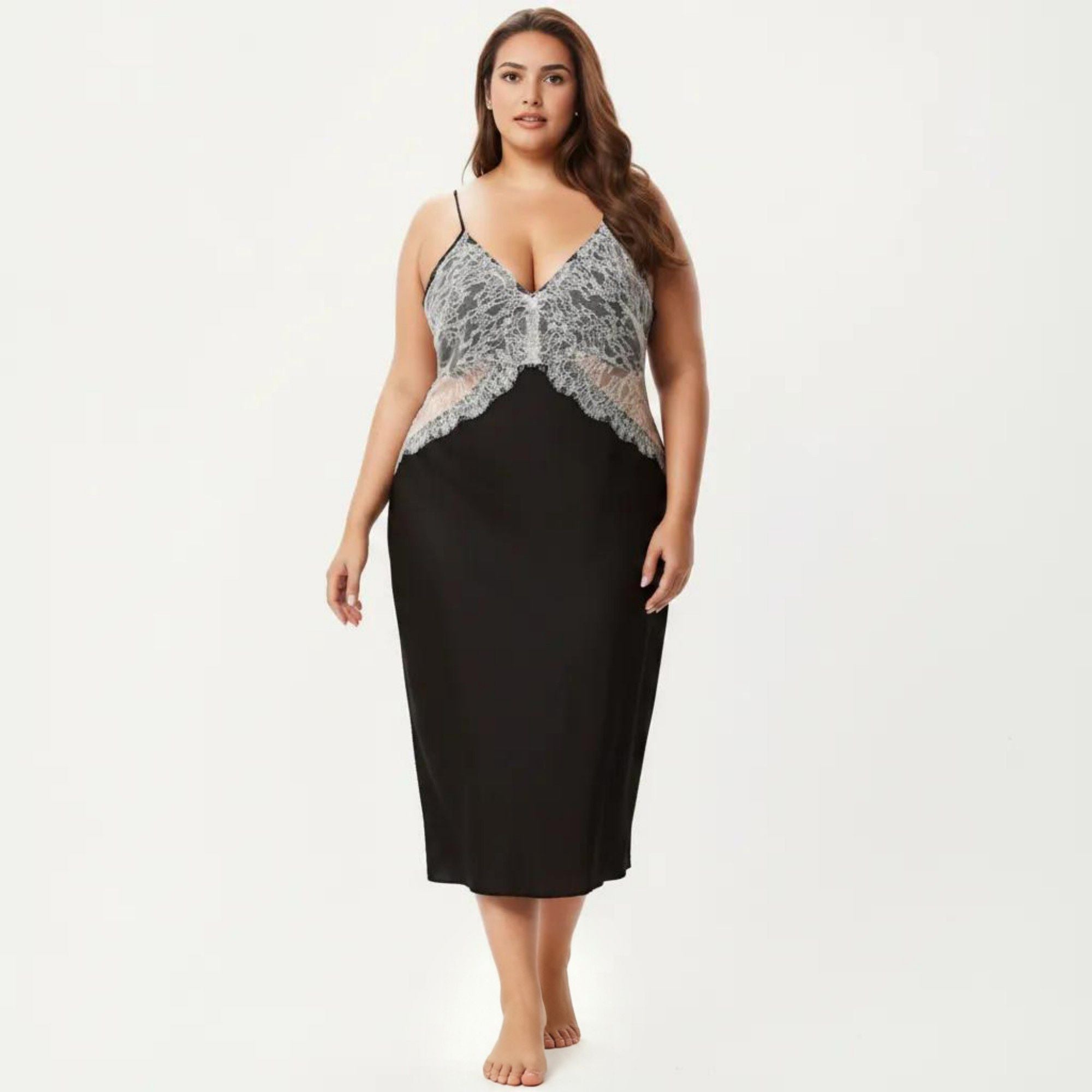 Anna-Kaci Lounge Women's Plus Size Long Satin Chemise Lace Panel Nightgown Adjustable Strap Slip Sleep Dress