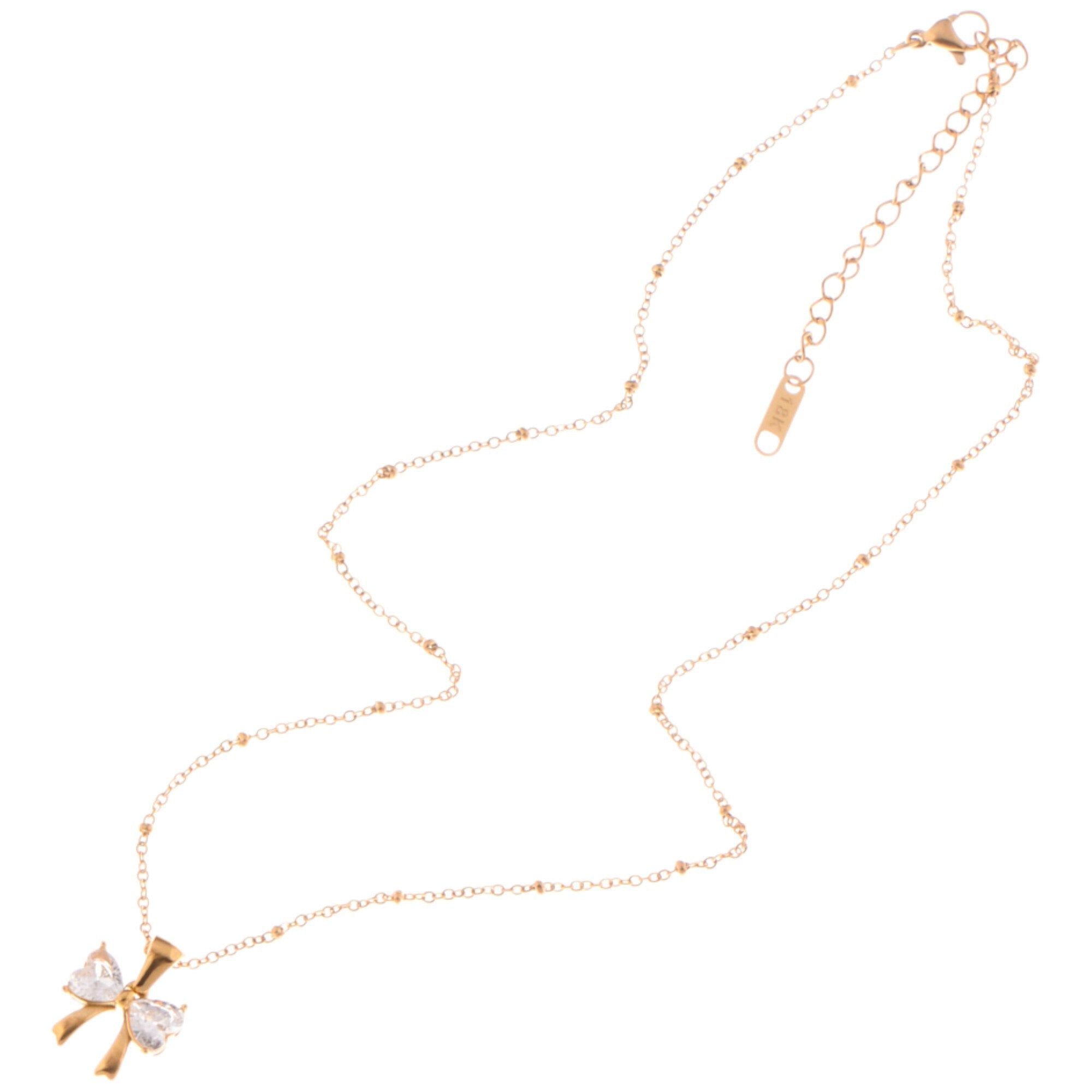 Silver Bow Pendant Fashion Necklace with Pink Gemstone Accents
