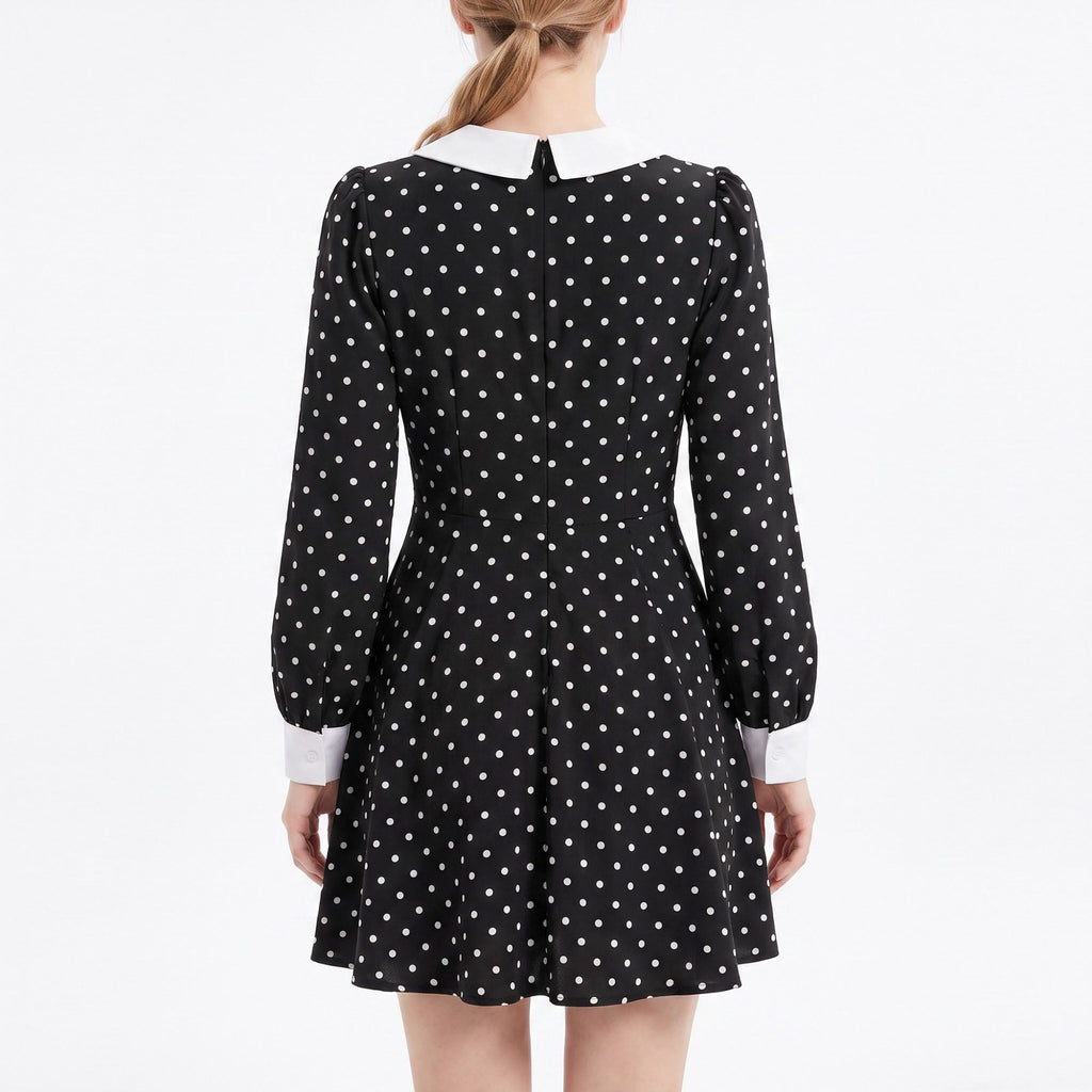 Polka Dot Mini Dress Contrast Collar Button Front Long Sleeve Fit and Flare