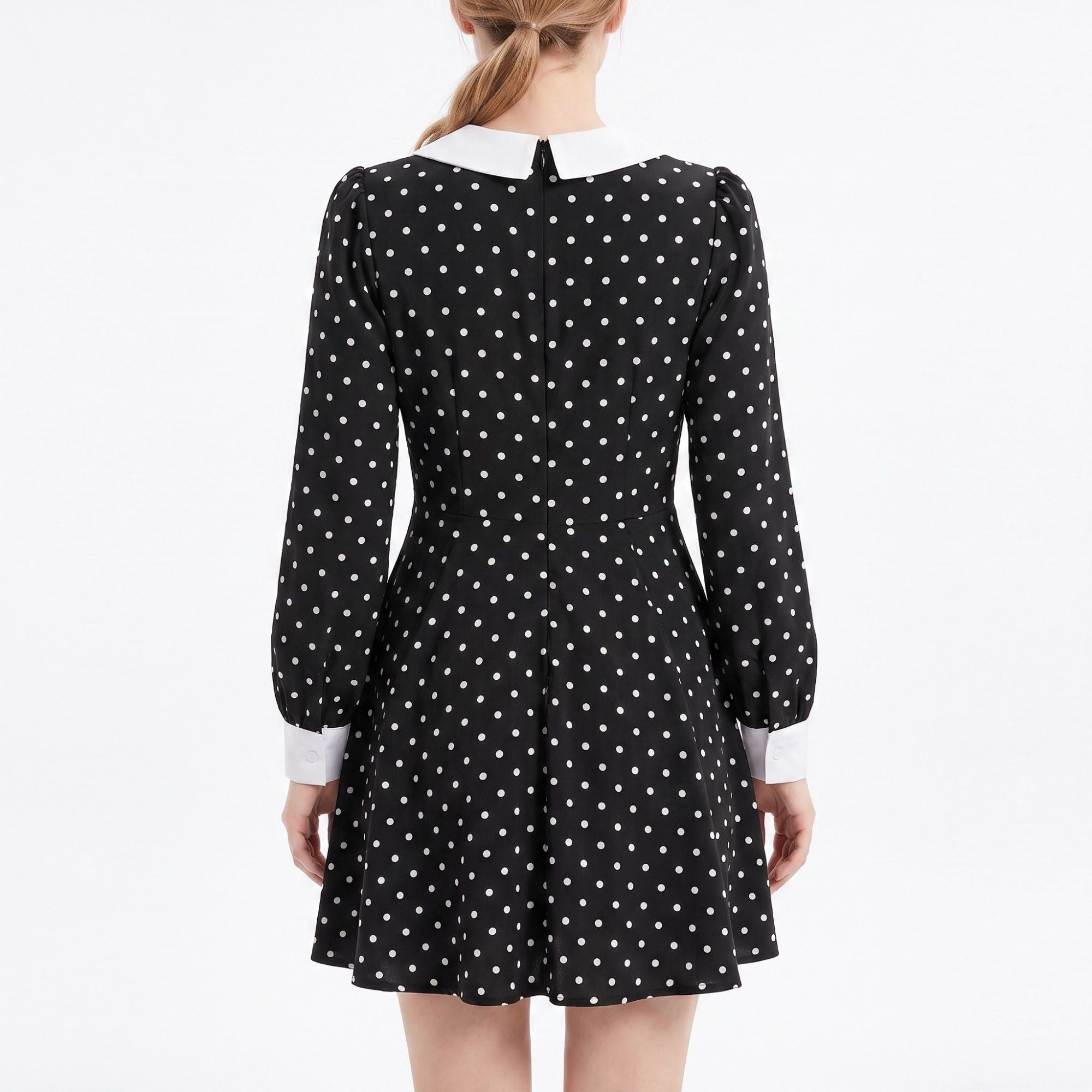 Polka Dot Mini Dress Contrast Collar Button Front Long Sleeve Fit and Flare