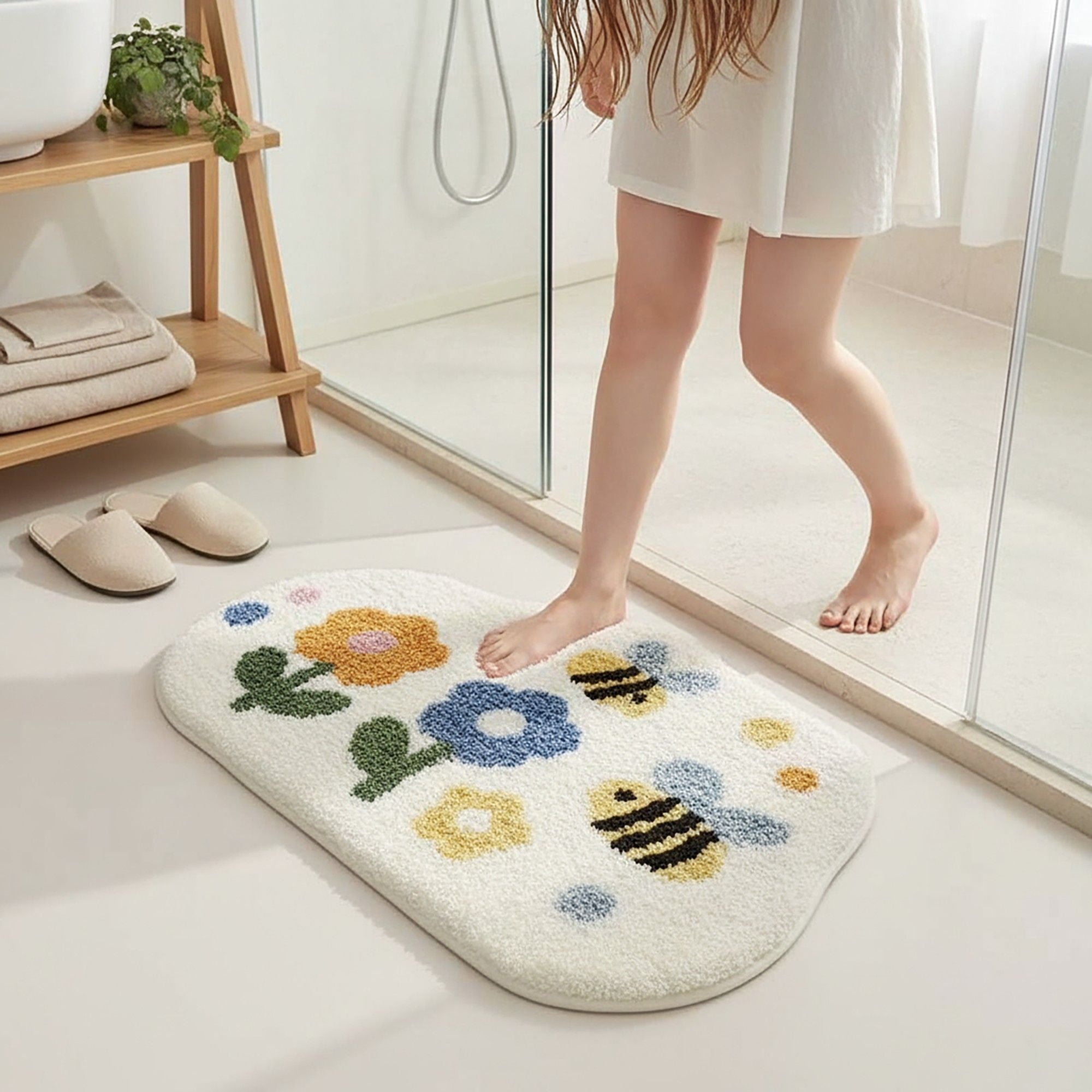 Tufted Floor Mat with Happy Text and Floral Pattern Non Slip Backing Soft Plush Decorative Scalloped Edge Indoor Rug