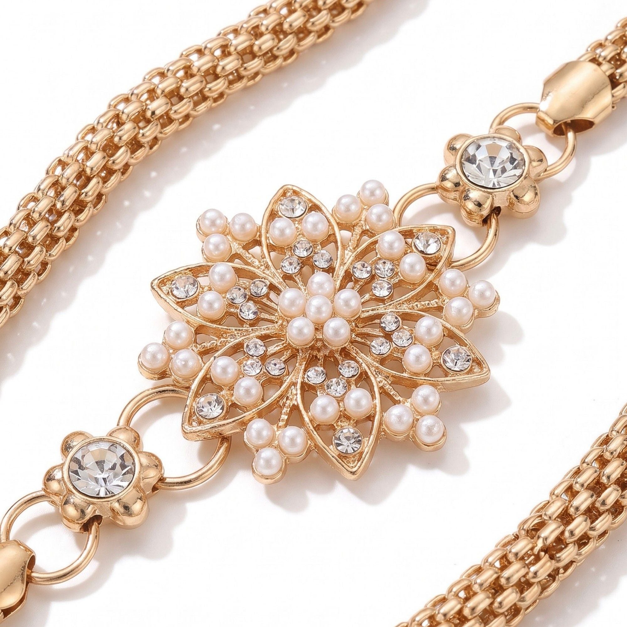 Pearl Floral Mesh Metal Waist Chain Adjustable Elegant Statement Waist Jewelry 43.3in