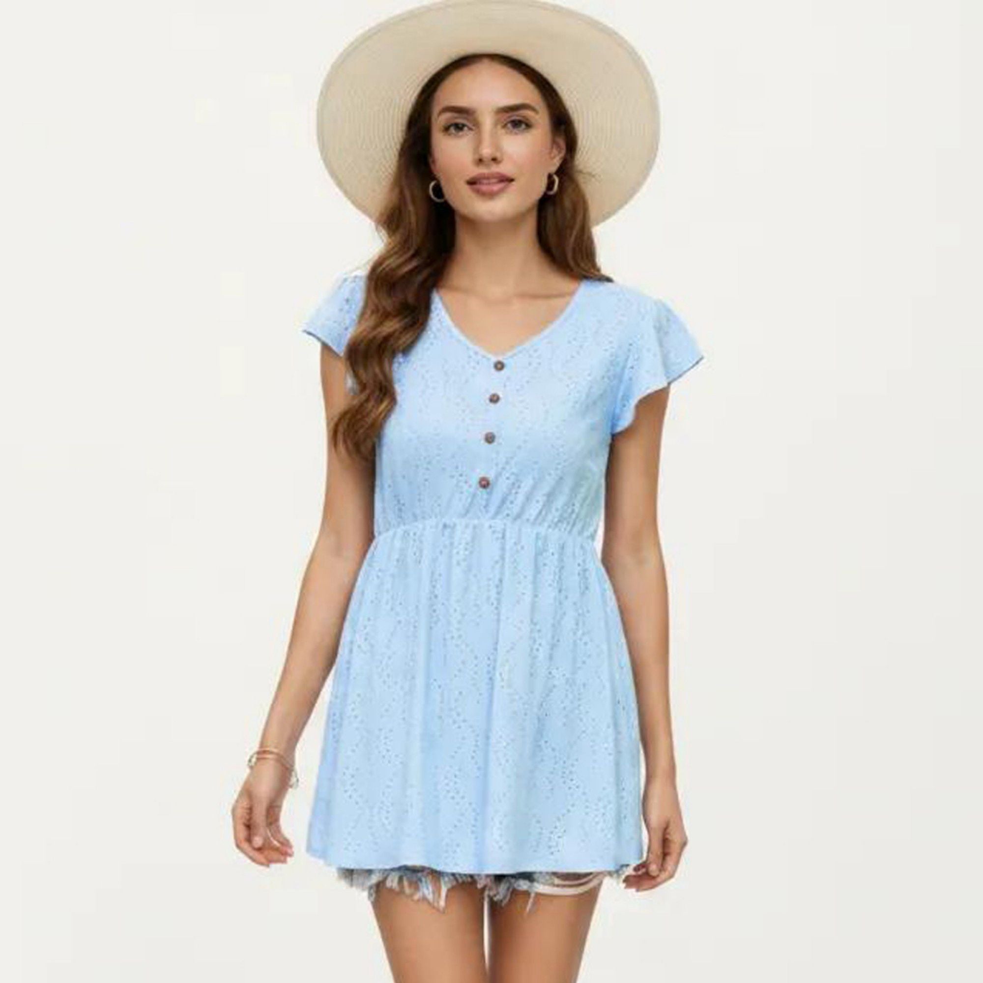 Anna-Kaci Women's Eyelet Babydoll Top with V-Neckline Button Front and Flutter Sleeves