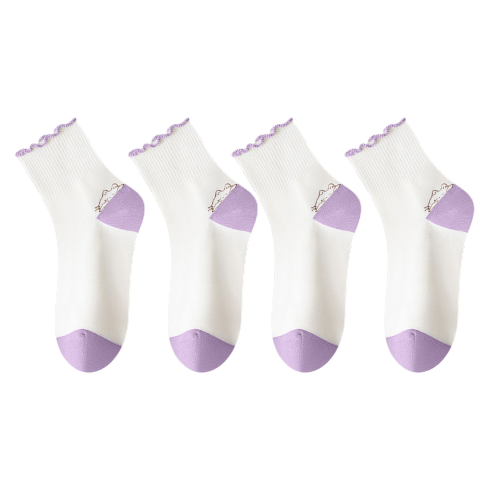 Anna-Kaci 4 Pairs Mid-Crew Ruffle Trim Socks with Contrast Toe Heel and Cat Embroidery Design