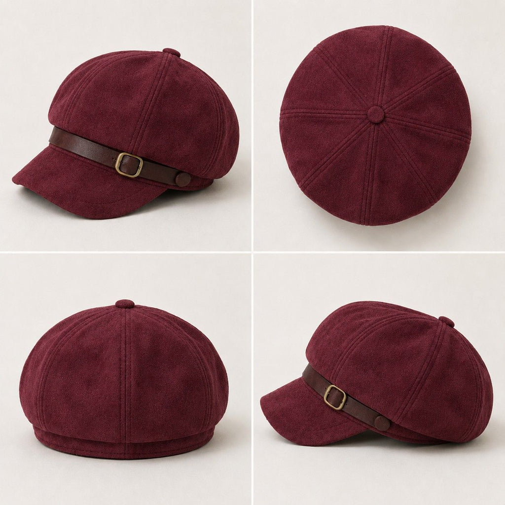 Faux Suede Baker Boy Cap with Buckle Band Vintage Newsboy Style Hat