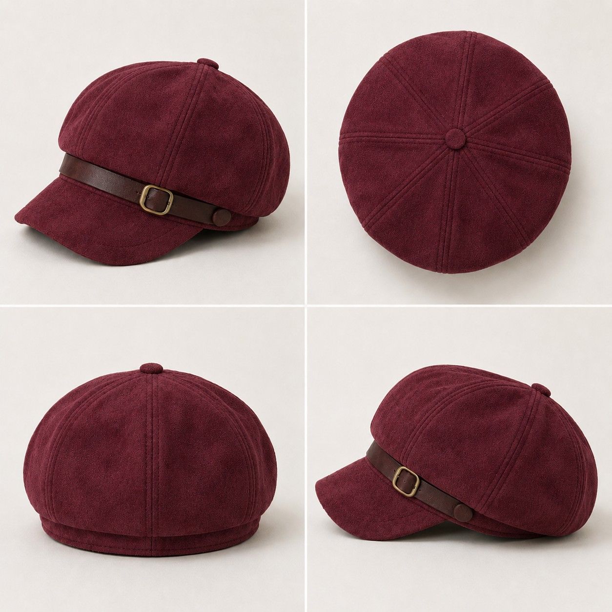 Faux Suede Baker Boy Cap with Buckle Band Vintage Newsboy Style Hat