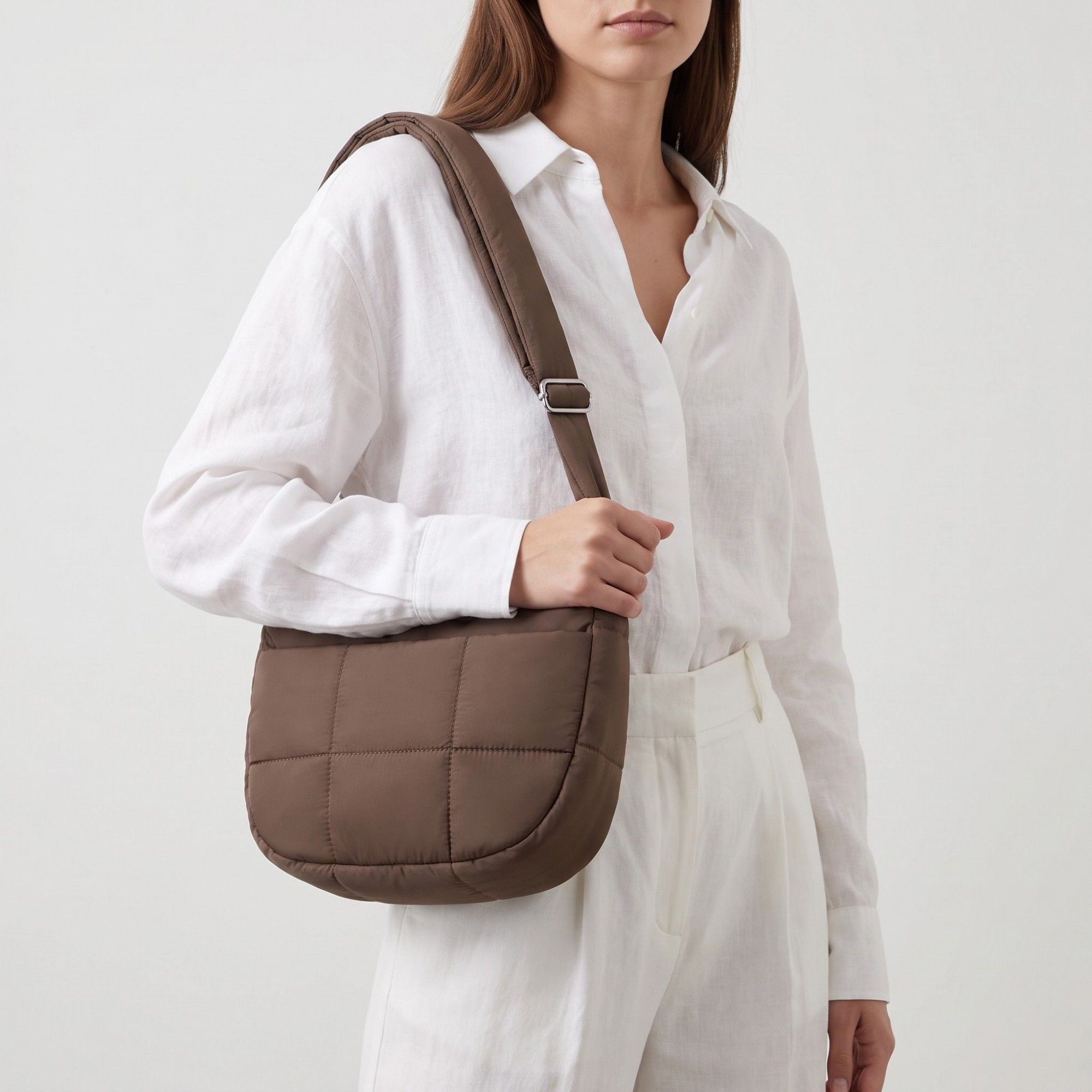 Soft Puffy Quilted Crescent Bag with Smooth Padded Panels and Adjustable Shoulder Straps 10.4x3.9x7.9in