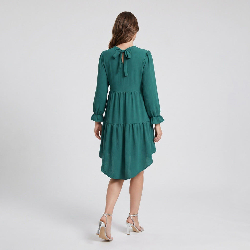Anna-Kaci Women's Maternity V Neck High Low Mini Dress with Long Sleeves and Tiered Hem