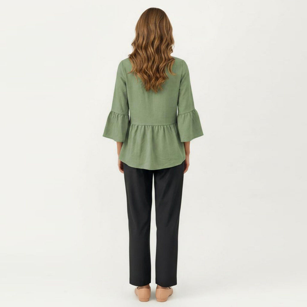 Anna-Kaci Women's V-Neck Bell Sleeve Peplum Blouse with Button Detail and Gathered Waist