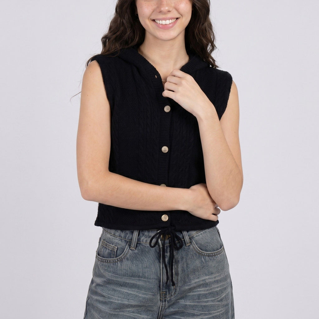 Anna-Kaci Women's Sleeveless Hooded Cable Knit Sweater Vest Top with Button Front and Adjustable Drawstring Hem