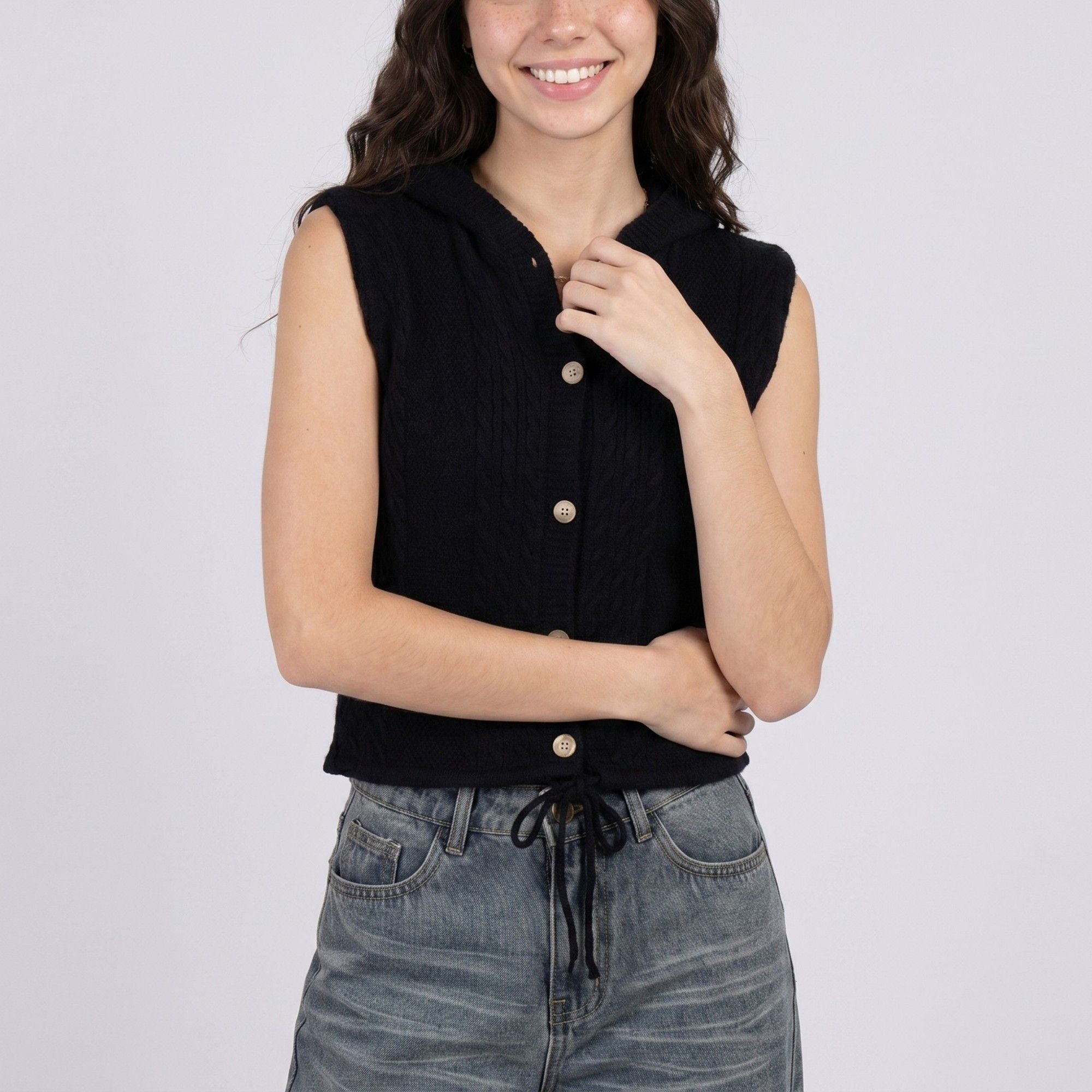 Anna-Kaci Women's Sleeveless Hooded Cable Knit Sweater Vest Top with Button Front and Adjustable Drawstring Hem