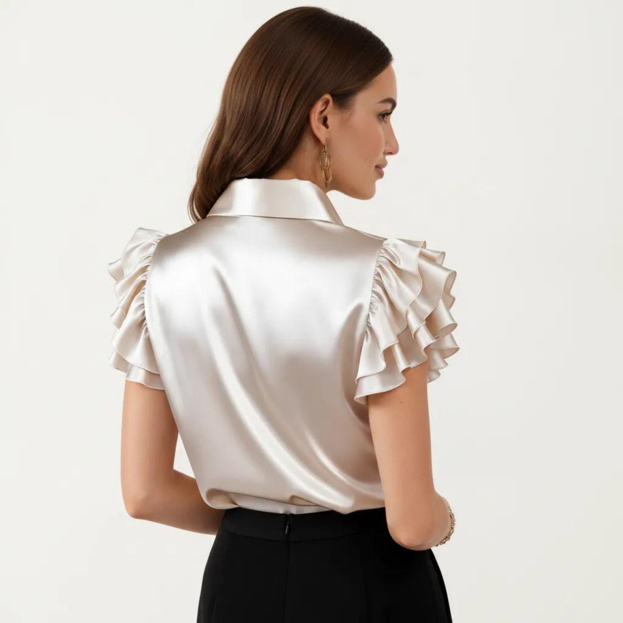 Anna-Kaci Women's Satin Button Down Blouse with Ruffle Sleeves and Collared Neckline