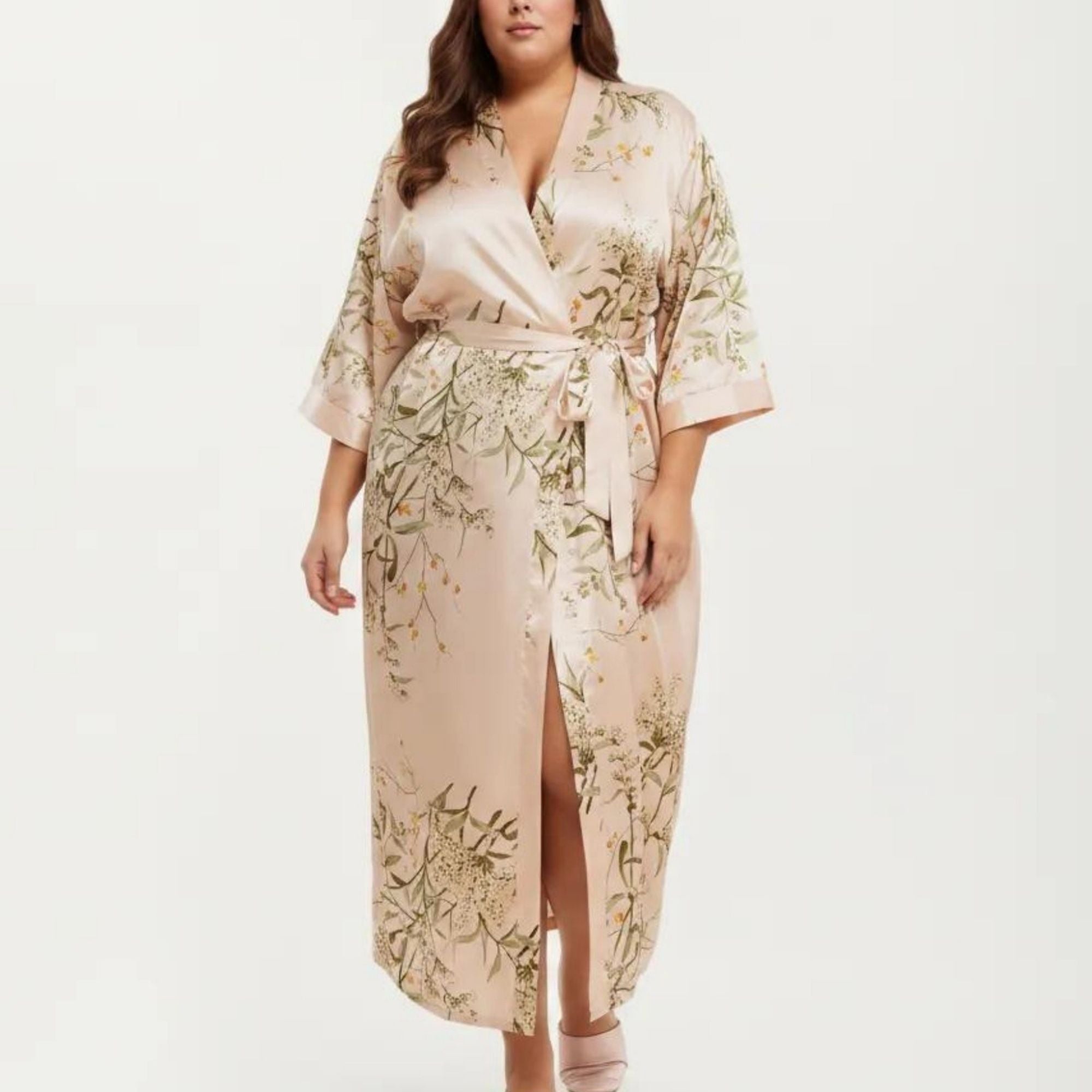 Anna-Kaci Lounge Women's Plus Size Satin Floral Kimono Robe with Self Tie Belt Longline Open Front Lightweight Sleepwear