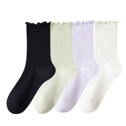 Anna-Kaci Women's 4-Pair Pack Soft Ribbed Ankle Socks with Ruffled Edge Trim Lightweight Knit Design in Multiple Color Combinations