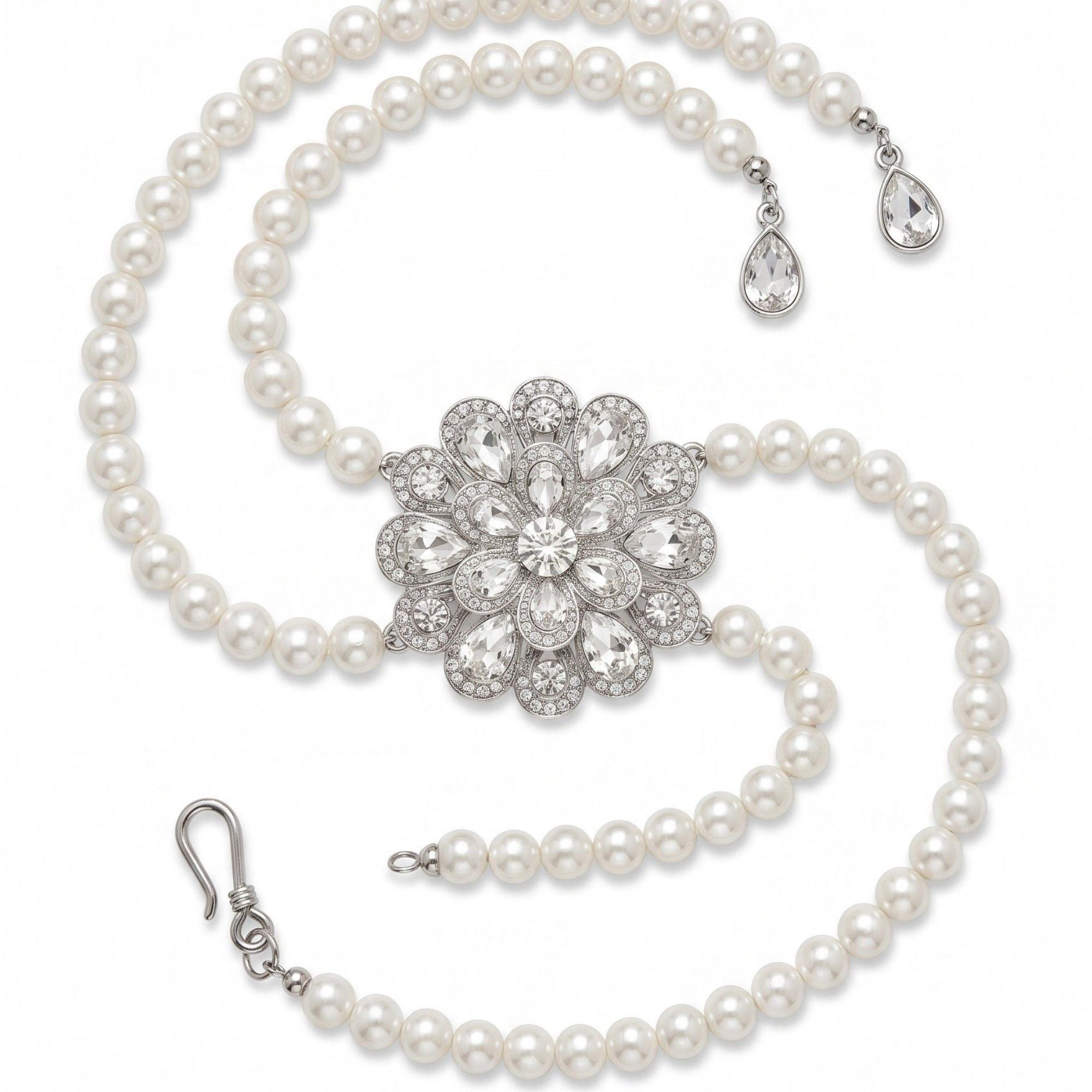 Crystal Floral Pearl Waist Chain Adjustable Elegant Body Belt Glam Floral Inspired Waist Jewelry 47.2in