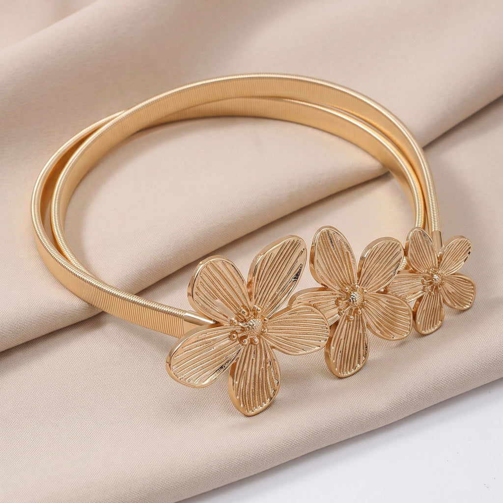 Triple Rose Thin Metal Waist Belt Adjustable Minimalist Floral Waist Jewelry 47.2in