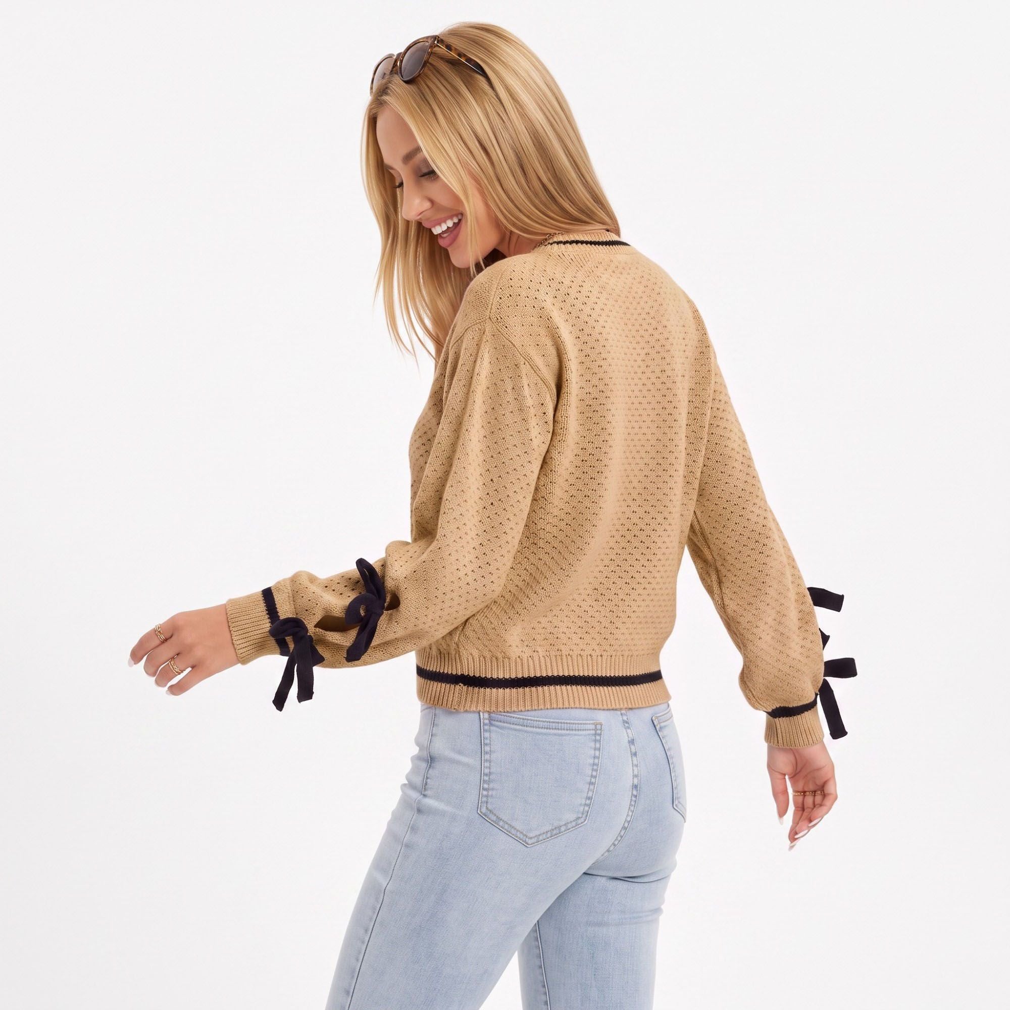 Pointelle Knit Bow Sleeve Crew Neck Long Sleeve Sweater