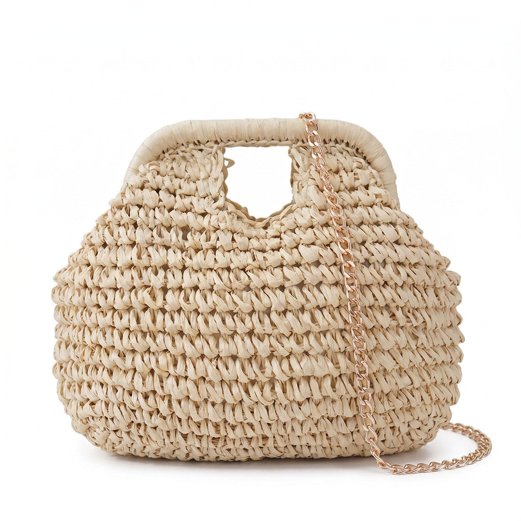 Small Woven Straw Handbag Chain Crossbody Bag with Top Handle and Flap Closure
