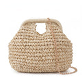 Small Woven Straw Handbag Chain Crossbody Bag with Top Handle and Flap Closure