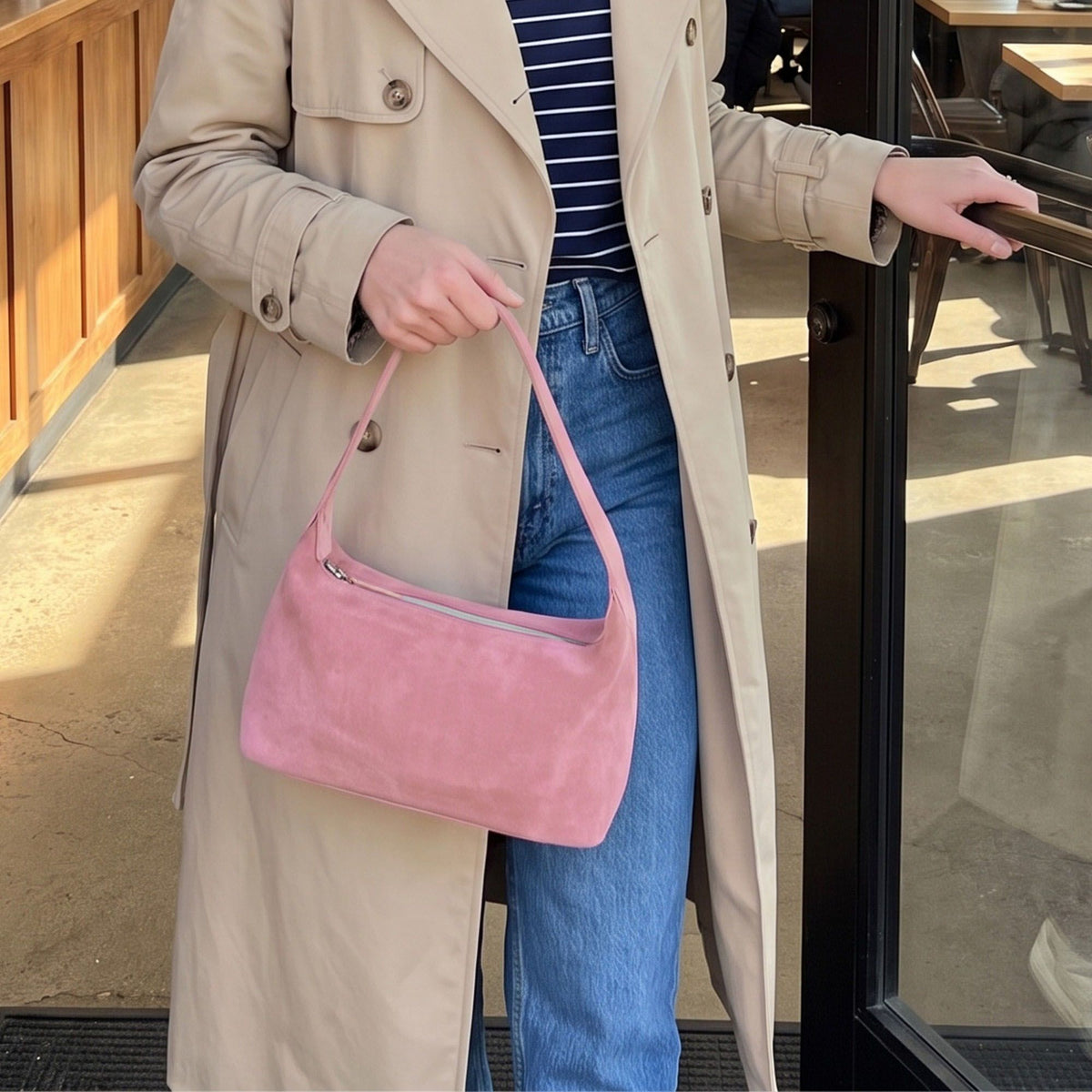 Faux Suede Shoulder Bag with Zipper Closure