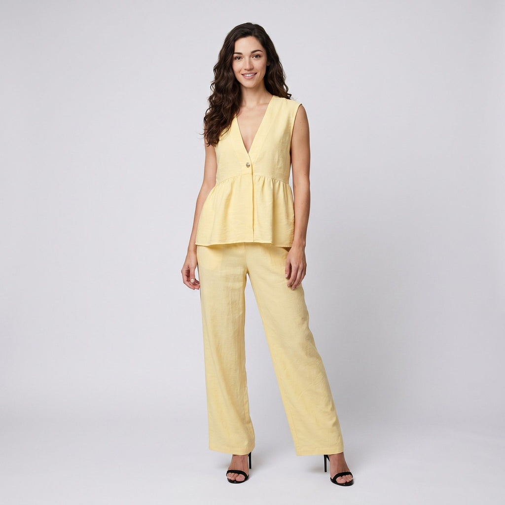Anna-Kaci Womens 2-Piece Set Sleeveless V Neck Peplum Top and Matching Wide Leg Pants with Textured Woven Look