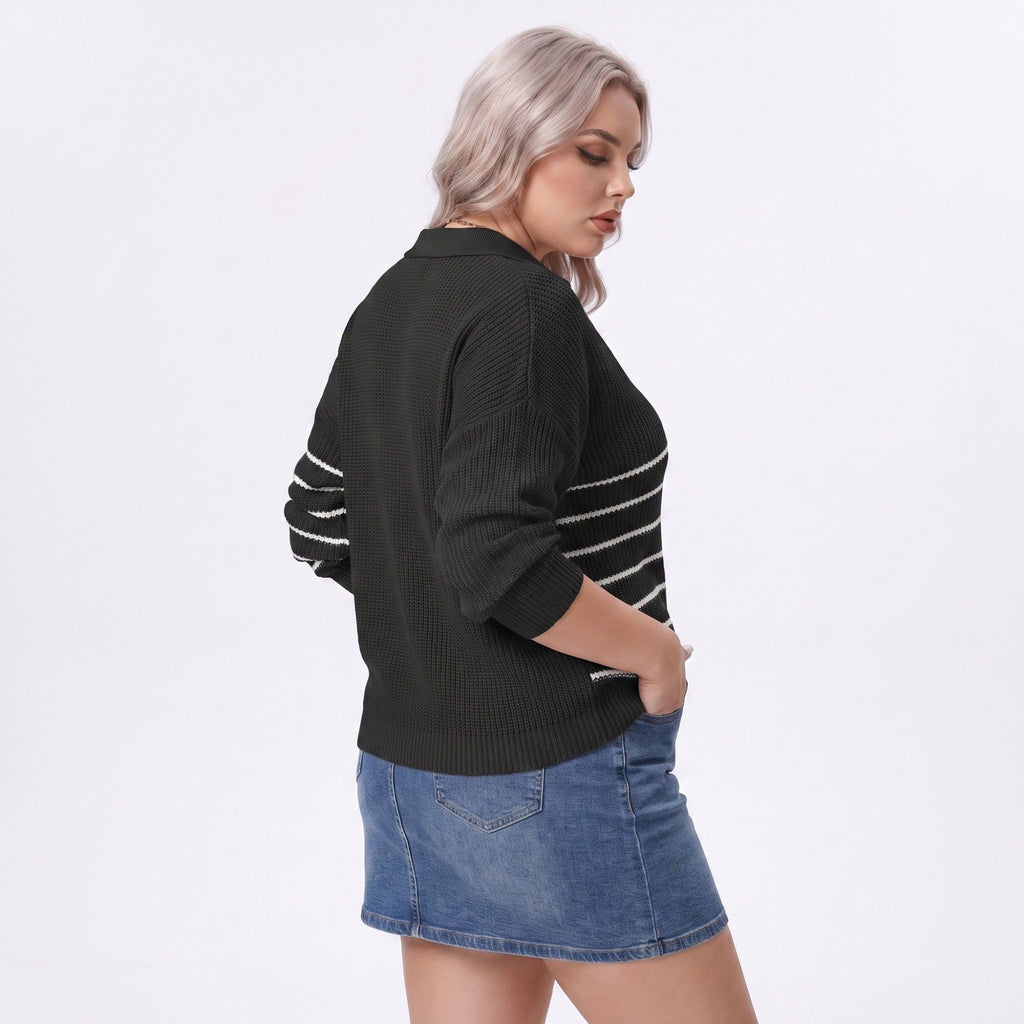 Plus Size Striped Johnny Collar Knit Sweater