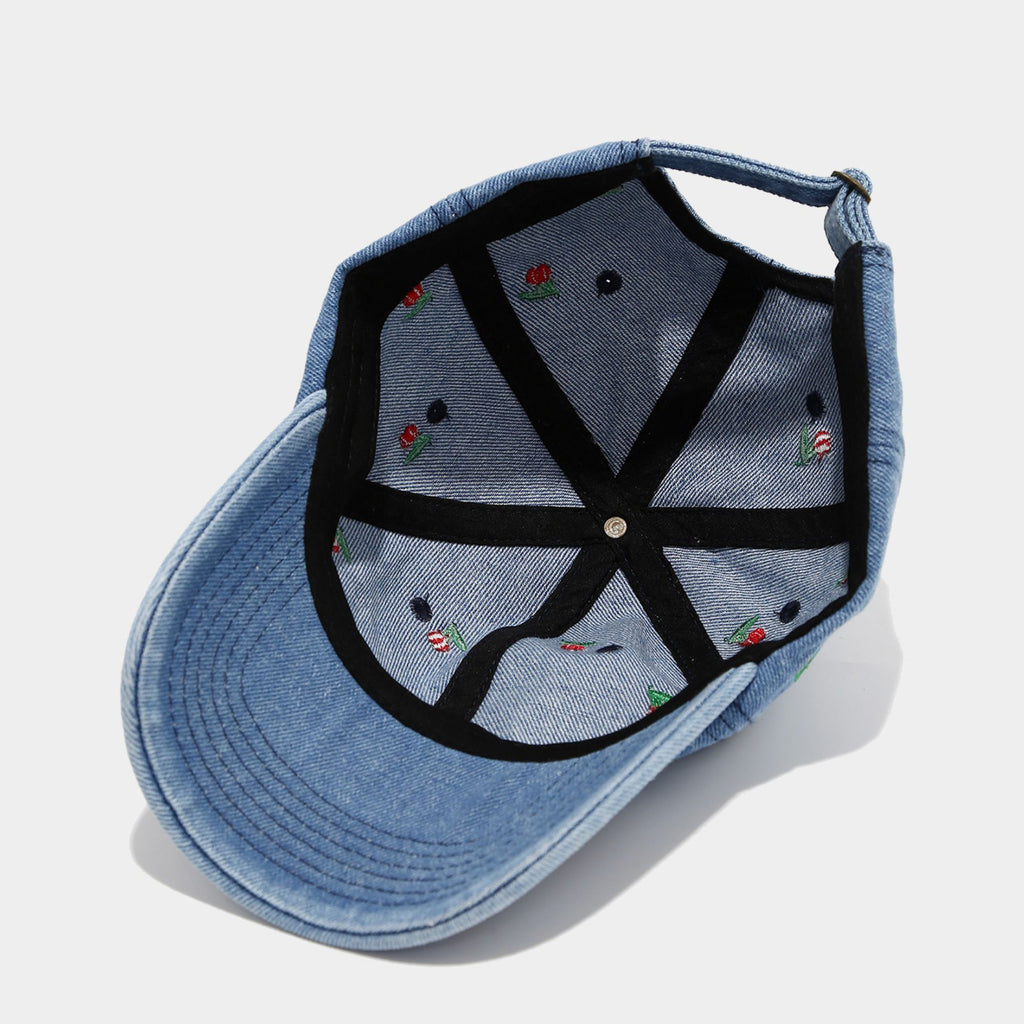 Denim Baseball Cap Cherry Embroidered Adjustable Dad Hat