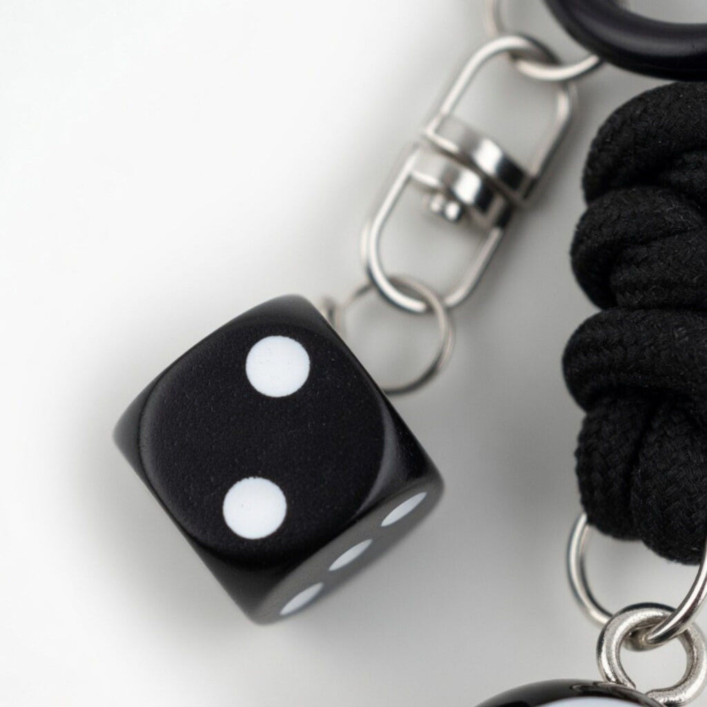 Eight Ball Dice Keychain with Rope Loop Charm Beaded Key Ring Accessory
