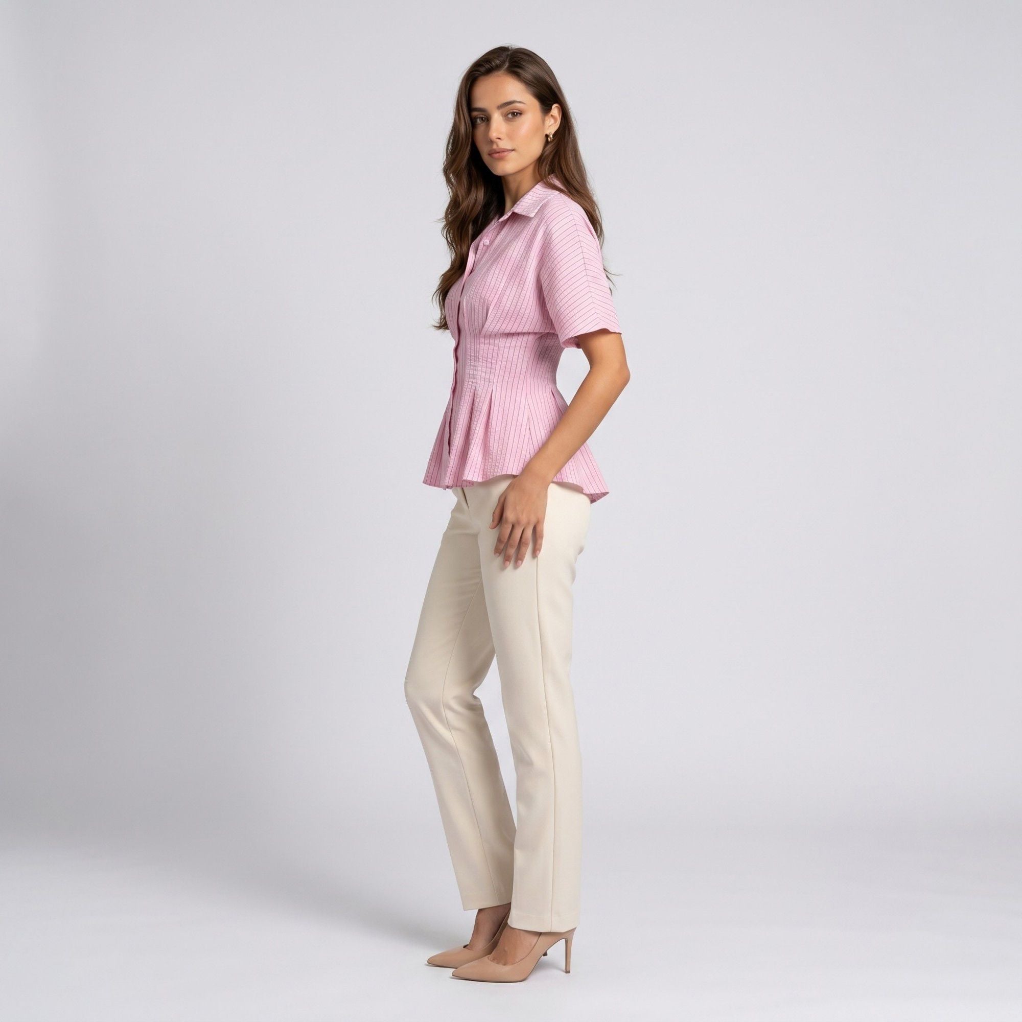 Anna-Kaci Women's Striped Button Front Peplum Blouse with Collared Neck and Pleated Hem