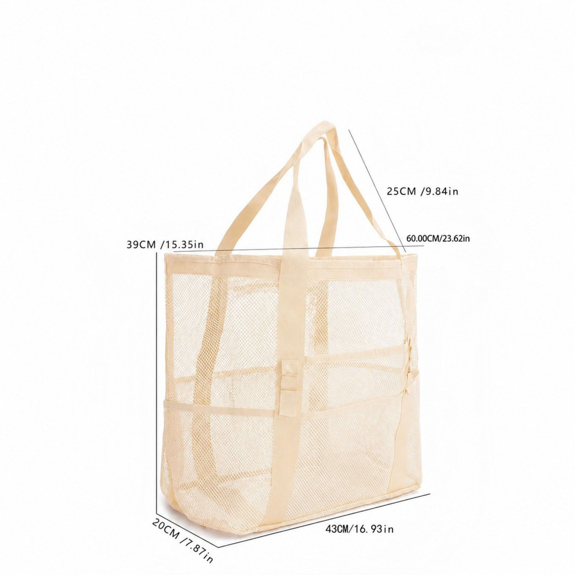 Mesh Beach Tote Bag Large Capacity Travel Shoulder Bag with Exterior Pockets Zipper Top Organizer